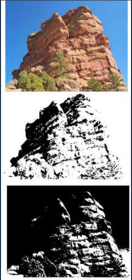 A color photo of some rocks, followed by the same photo bitmapped lightly and darkly.