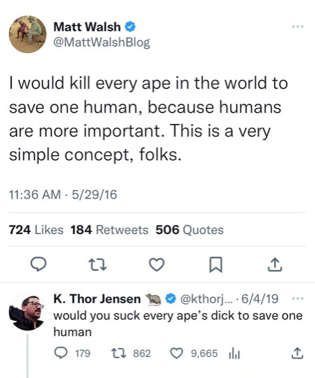 Screenshot of the time K Thor Jensen asked Matt Walsh if Matt would suck every ape's dick to save one human.