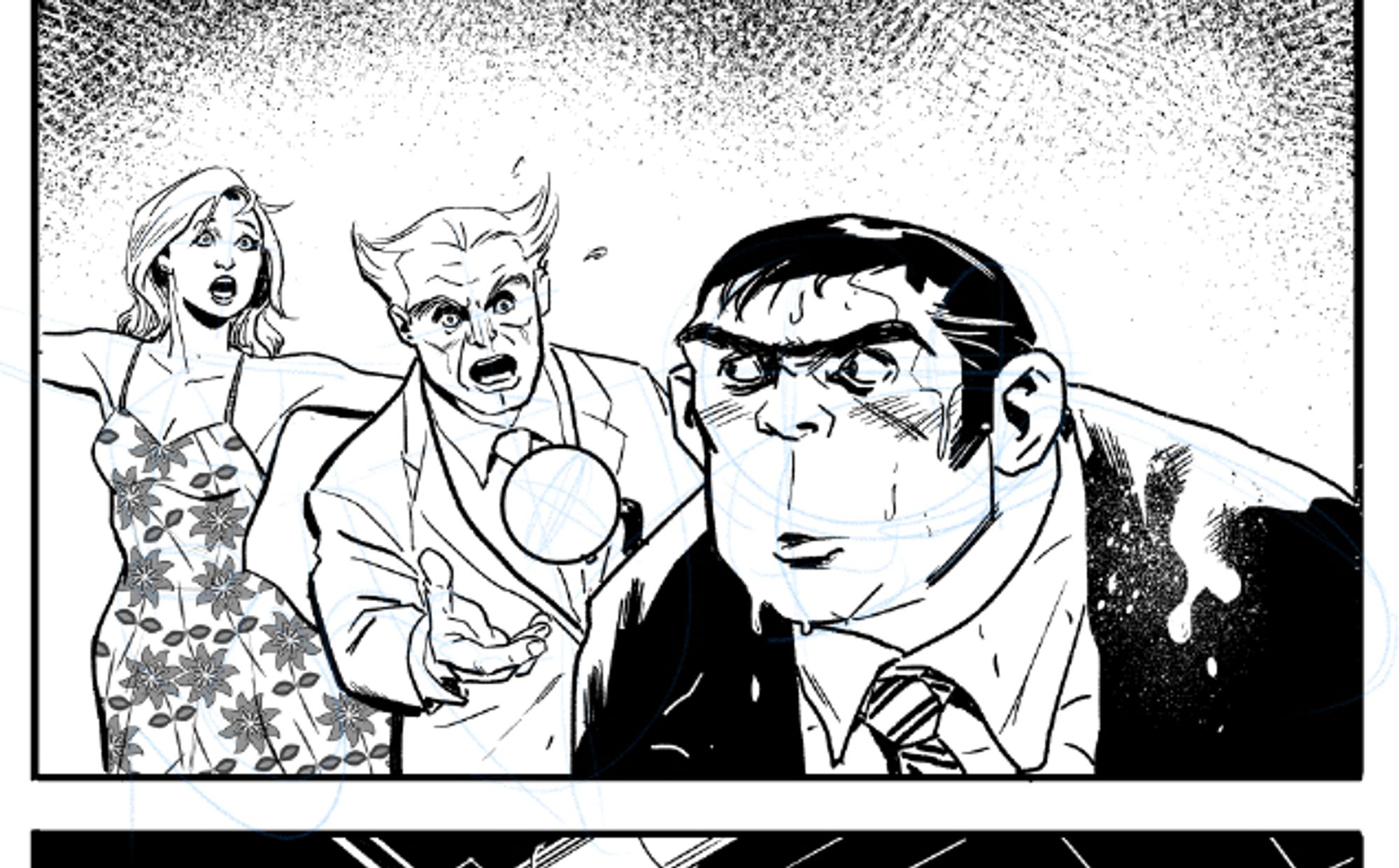 deskshot of of panel of supporting characters from the Metamorpho comic I'm drawing. Sapphire and her dad are yelling. Java's dripping wet and his suitcoat is looking like it's seen better days.