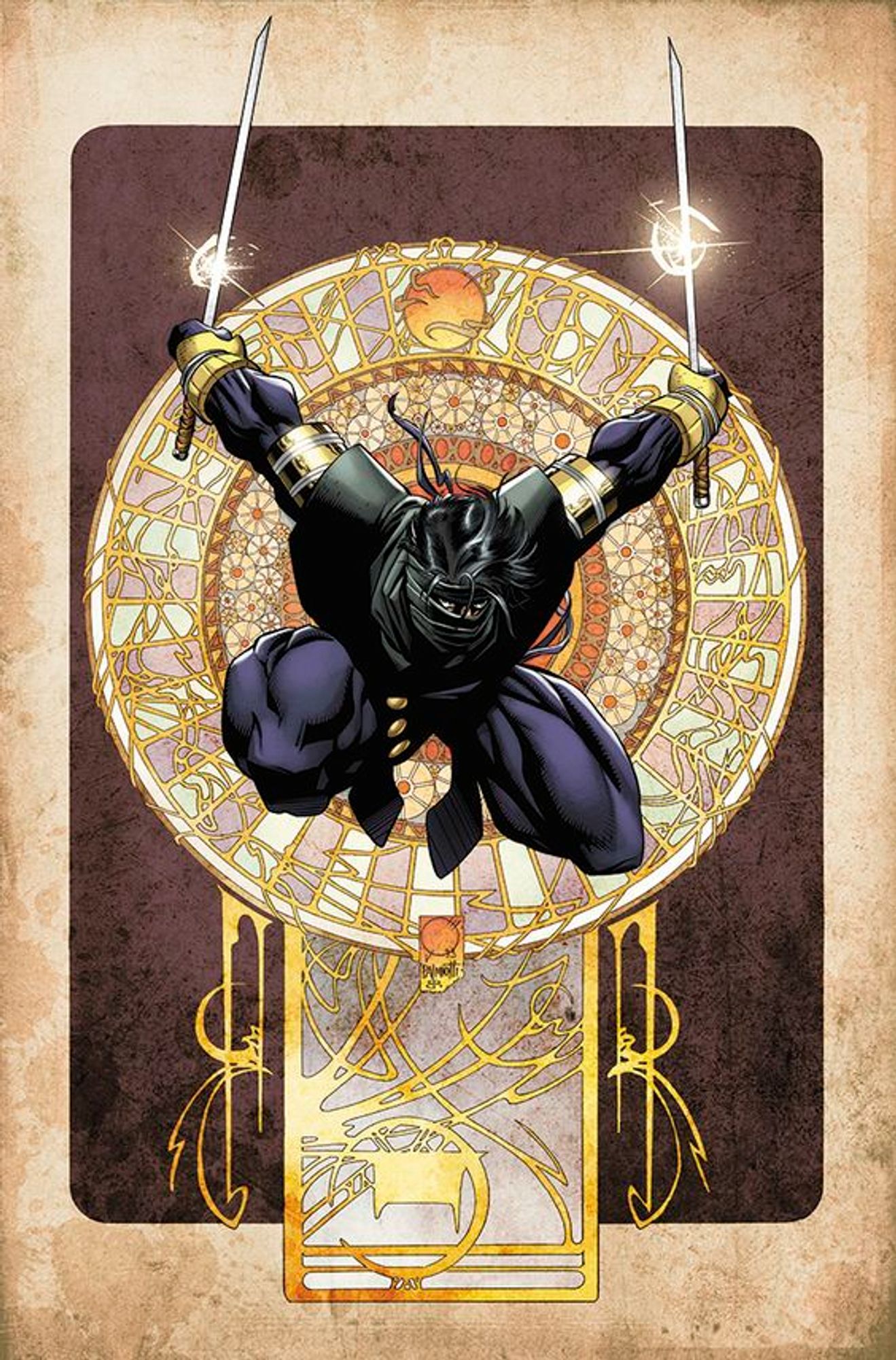 an illustration of ninjak, holding two swords, leaping down through the air over a really elegant art nouveau background