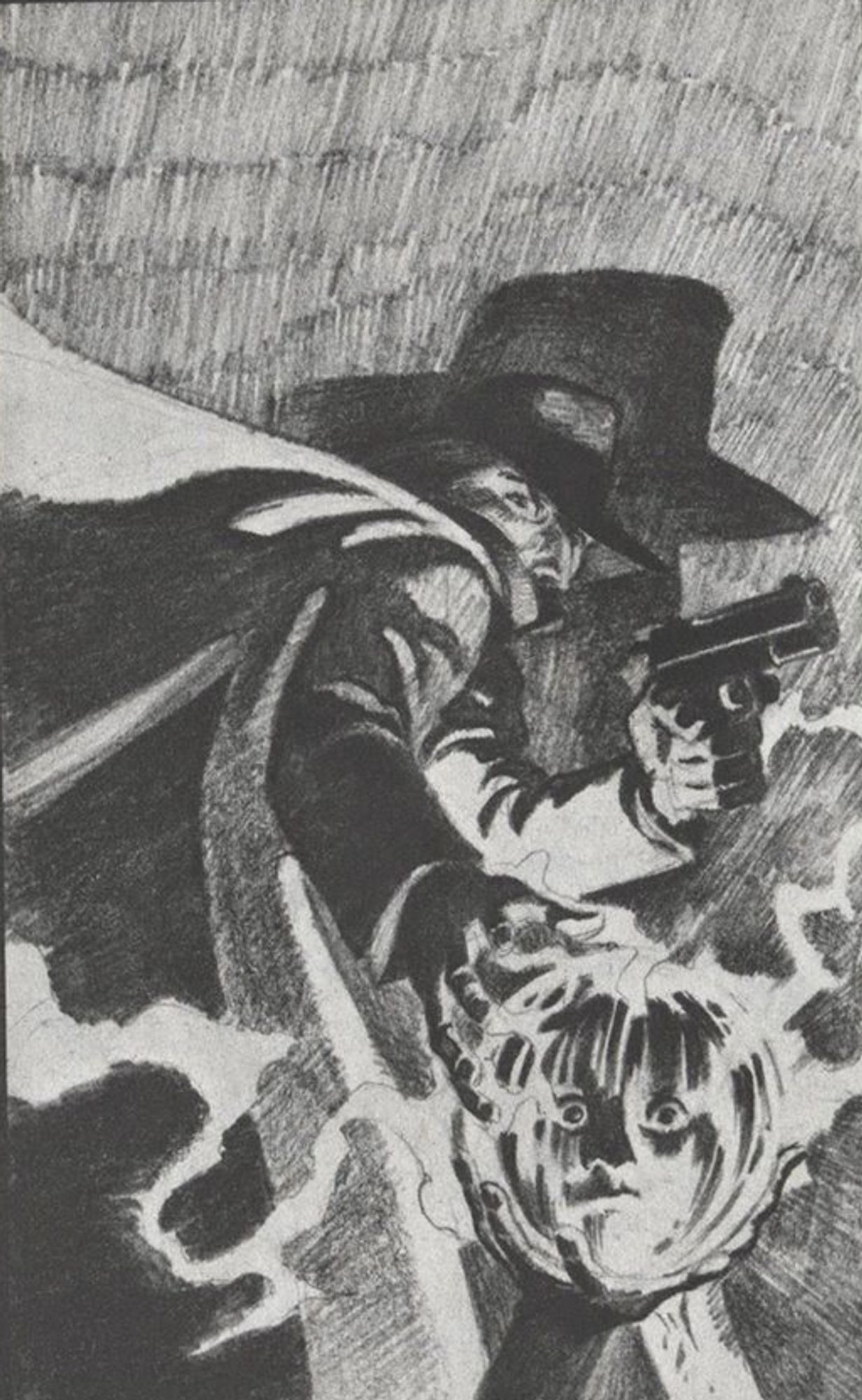 a pencil sketch, it is of the shadow in his large hat and cape, turning back towards the viewer, a hand holds and orb out to him with a frightened face on it, the shadow reaches out to touch it with his free hand, in his other hand is a pistol