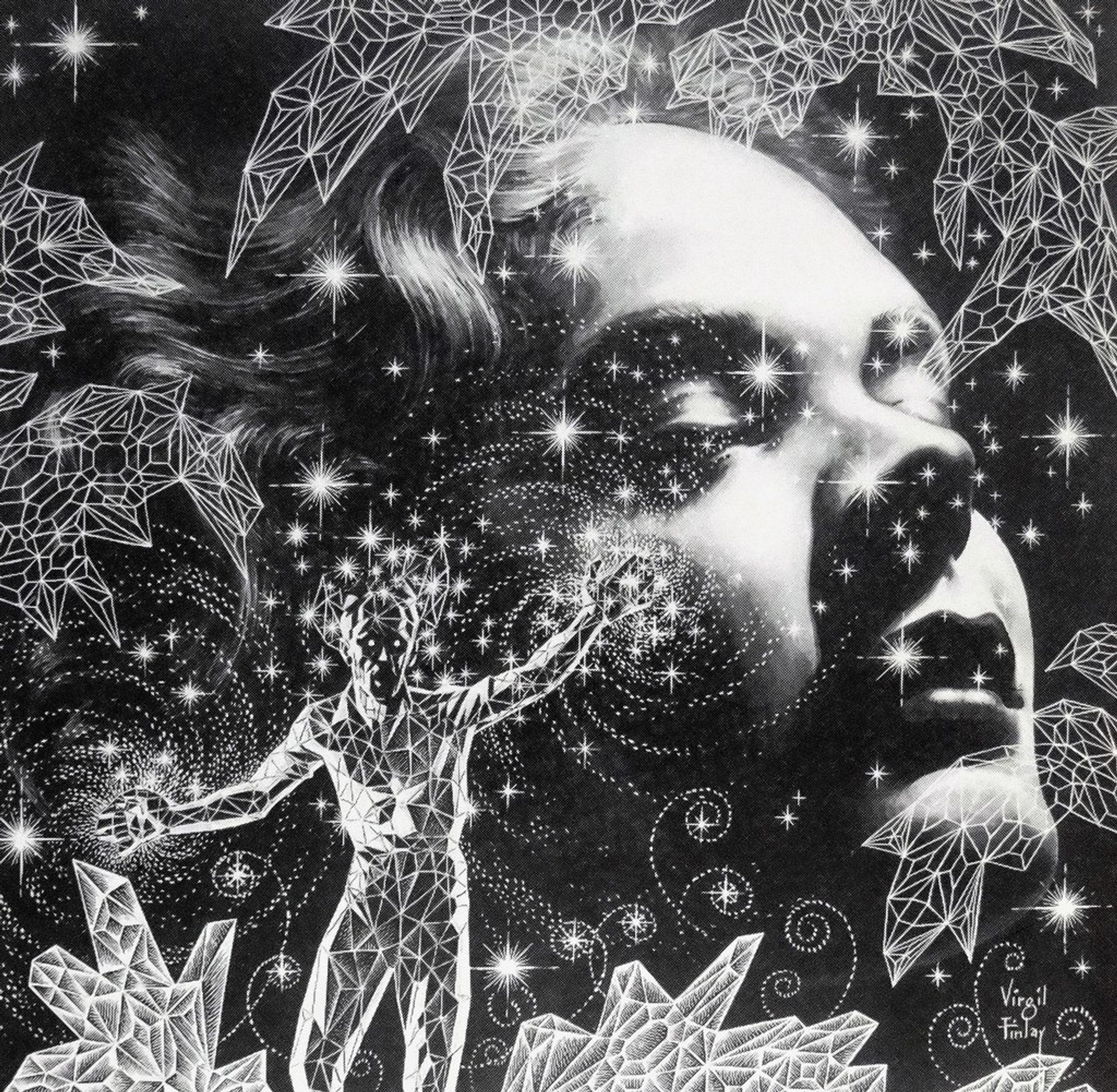 an illustration, it is of a large woman's face, her eyes closed, swirling galaxies and twinkling stars around her face, in the lower right side is a man made of crystal, his hands sparkling, galaxies swirling in them, looking at the viewer with a bright and haunting expression