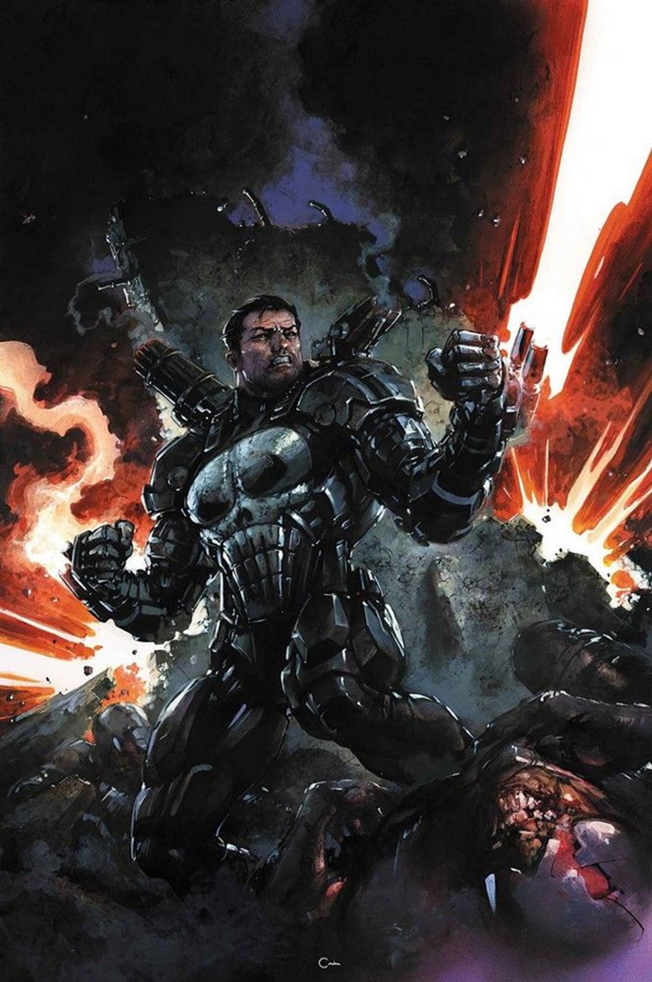 an illustration of the punisher wearing an armored suit , guns protruding from it, explosions in the background, he is looking to the upper right