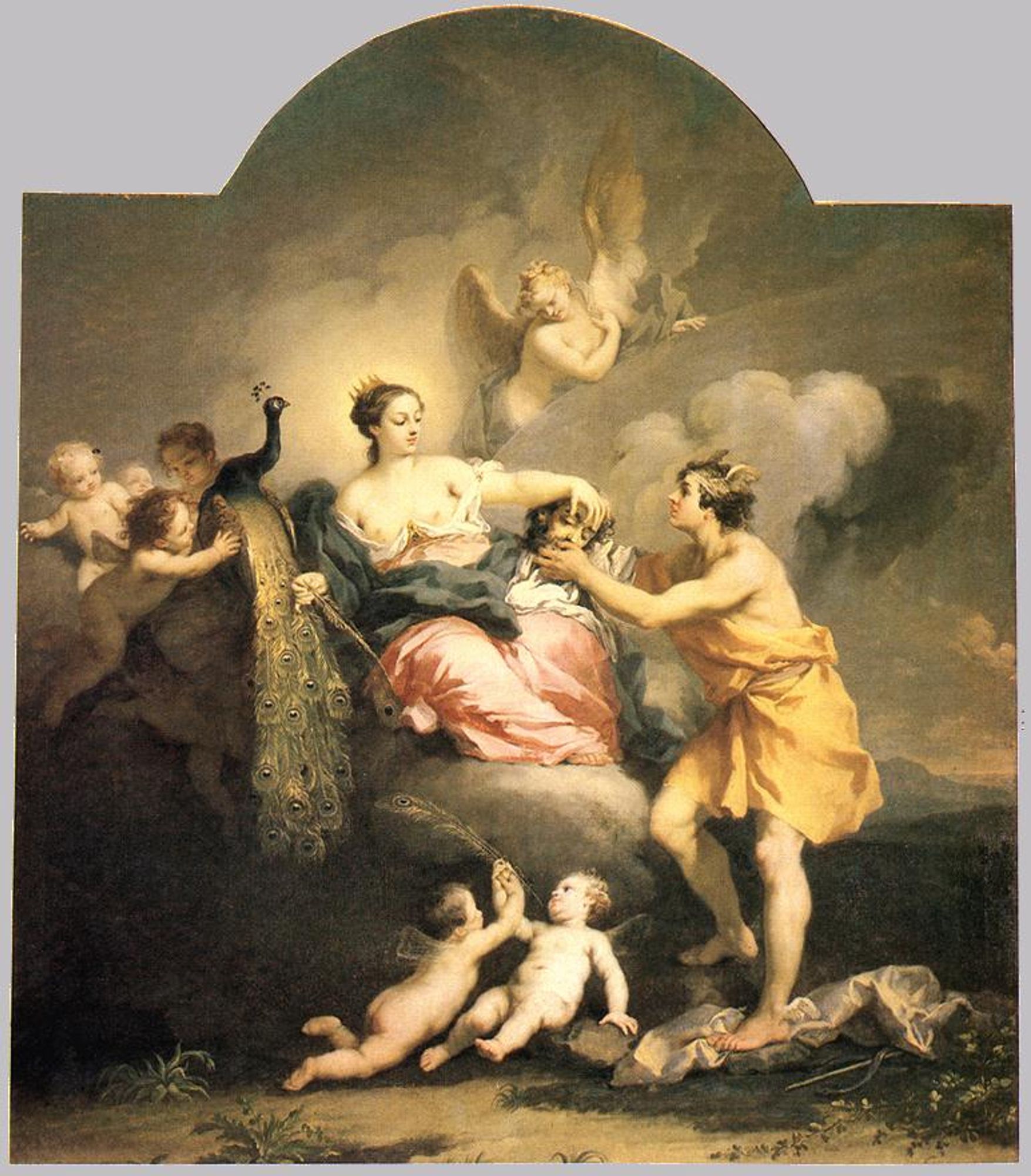 a painting, it is done in a rococo style, an enthroned goddess, a peacock next to her, clouds floating in the background peacefully, hermes I believe is giving her a severed head , she looks at it approvingly with a cool expression