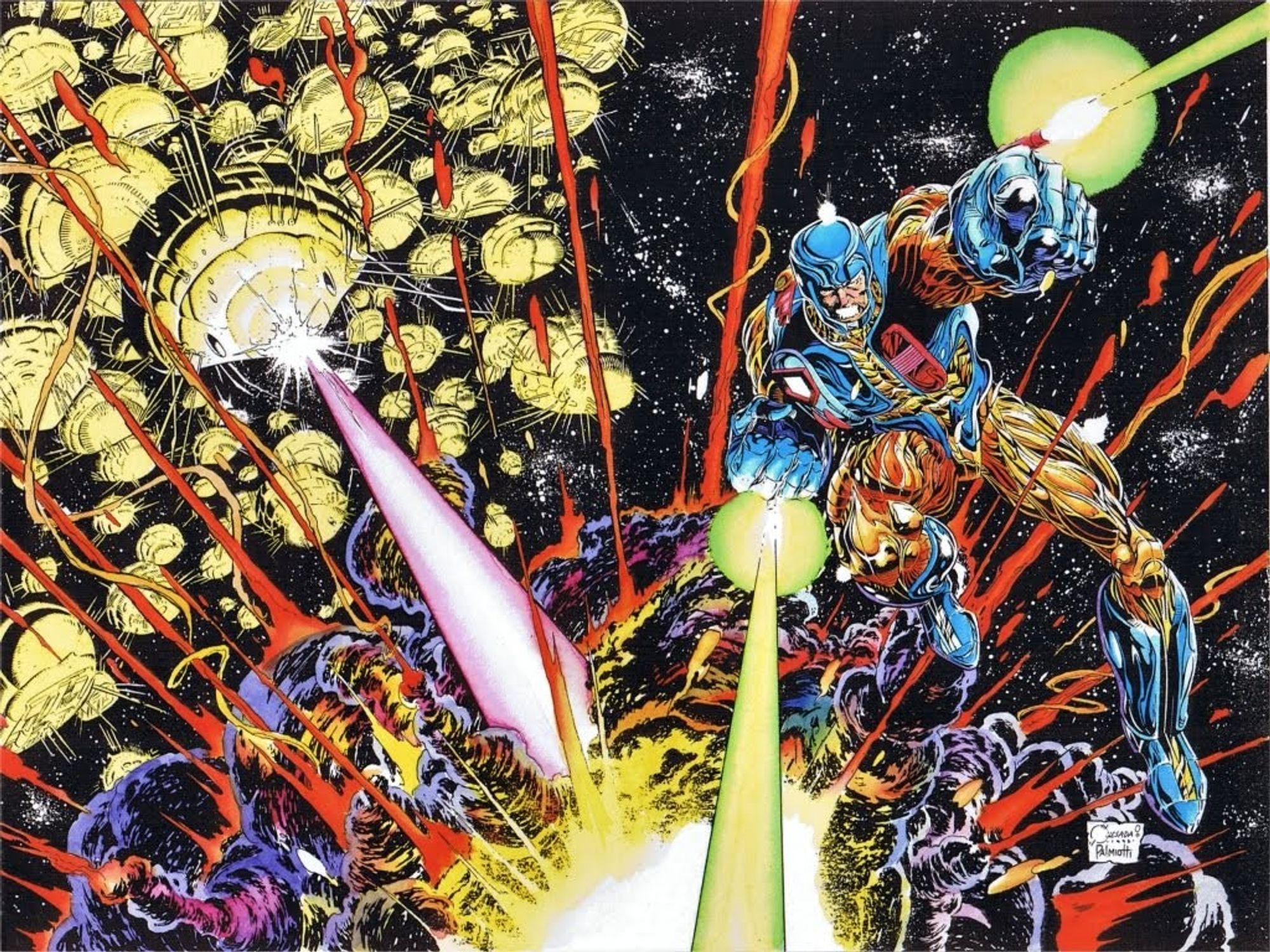 an illustration of x-o manowar, flying through space in his armored suit, shooting blasters from his wrists, spaceships exploding behind him, shooting at him, he looks majestic and unstoppable