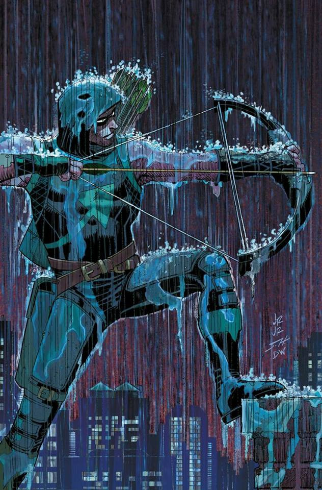 an illustration of green arrow , seen from the side, pulling the string on his bow, aiming an arrow, he is looking to the right, there is heavy rain falling on him, buildings in the background, a dark purple sky