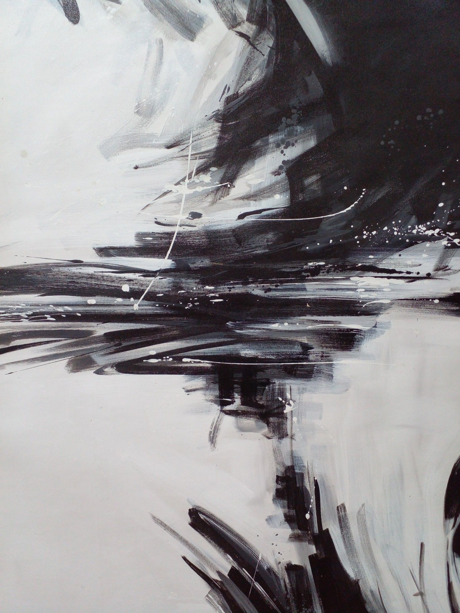 close-up of the slashy black paint lines on the white canvas