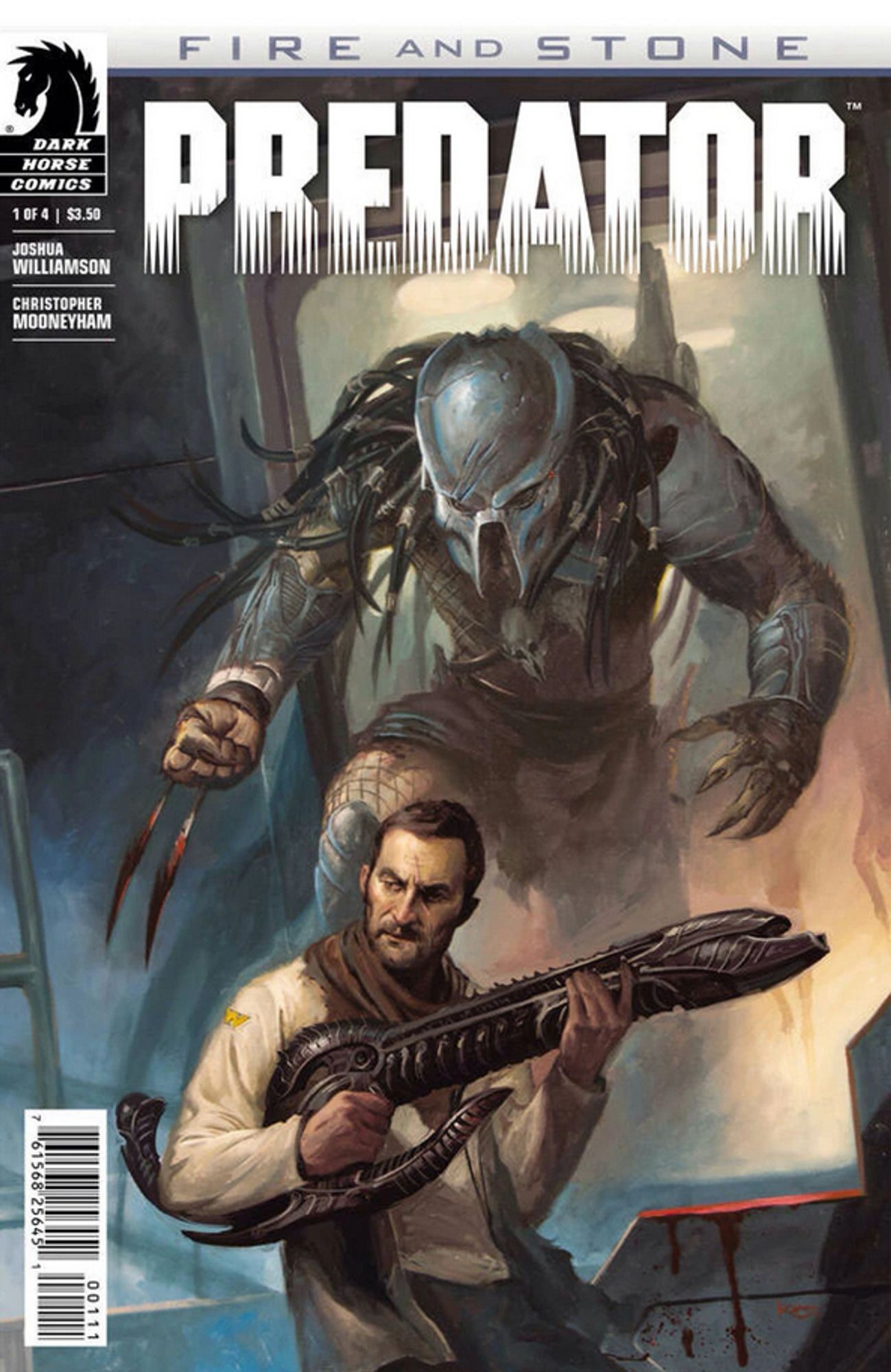 an illustration of a man in a futuristic interior, holding in alien weapon, the predator is sneaking up behind him, his claws on his hand covered in blood, in the top in large white letters it reads 'predator', above in smaller letters it reads 'fire and stone', the dark horse comics logo is in the upper left corner