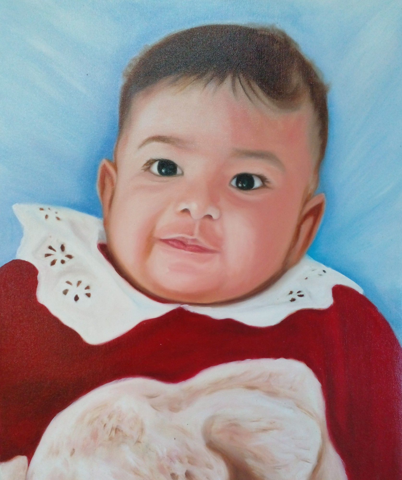 a painting of a baby wearing an old-timey pajama jumper, looking up at the viewer, laying on a sky blue blanket, the baby has brown hair and big brown eyes