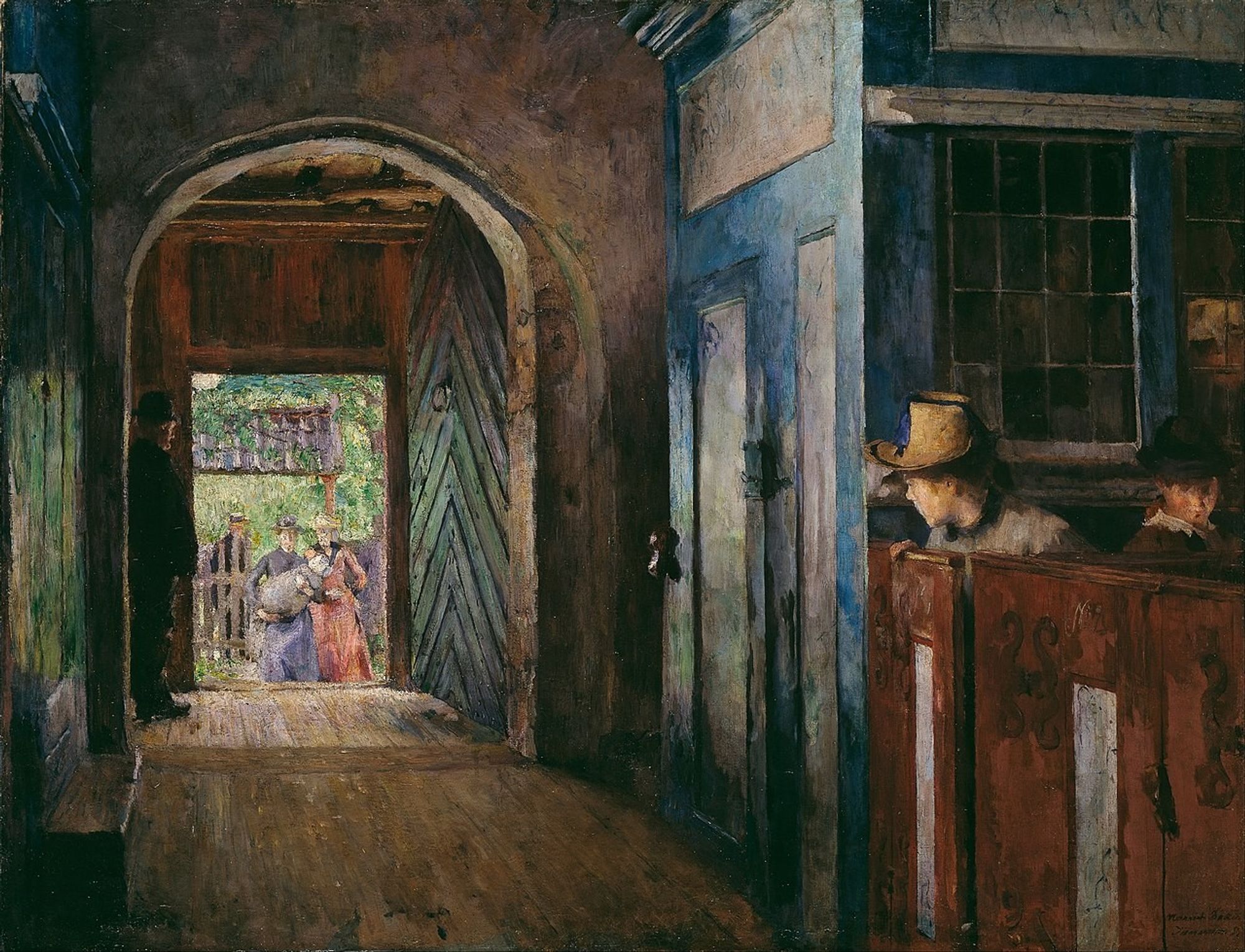 a painting, it is the interior of a church, the heavy door opened, light coming in , through the door  a woman and her family are seen about to enter, holding a baby in her arms, a seated woman in a pew is sitting, looking backwards at them coming in, another sitting looking slightly downwards