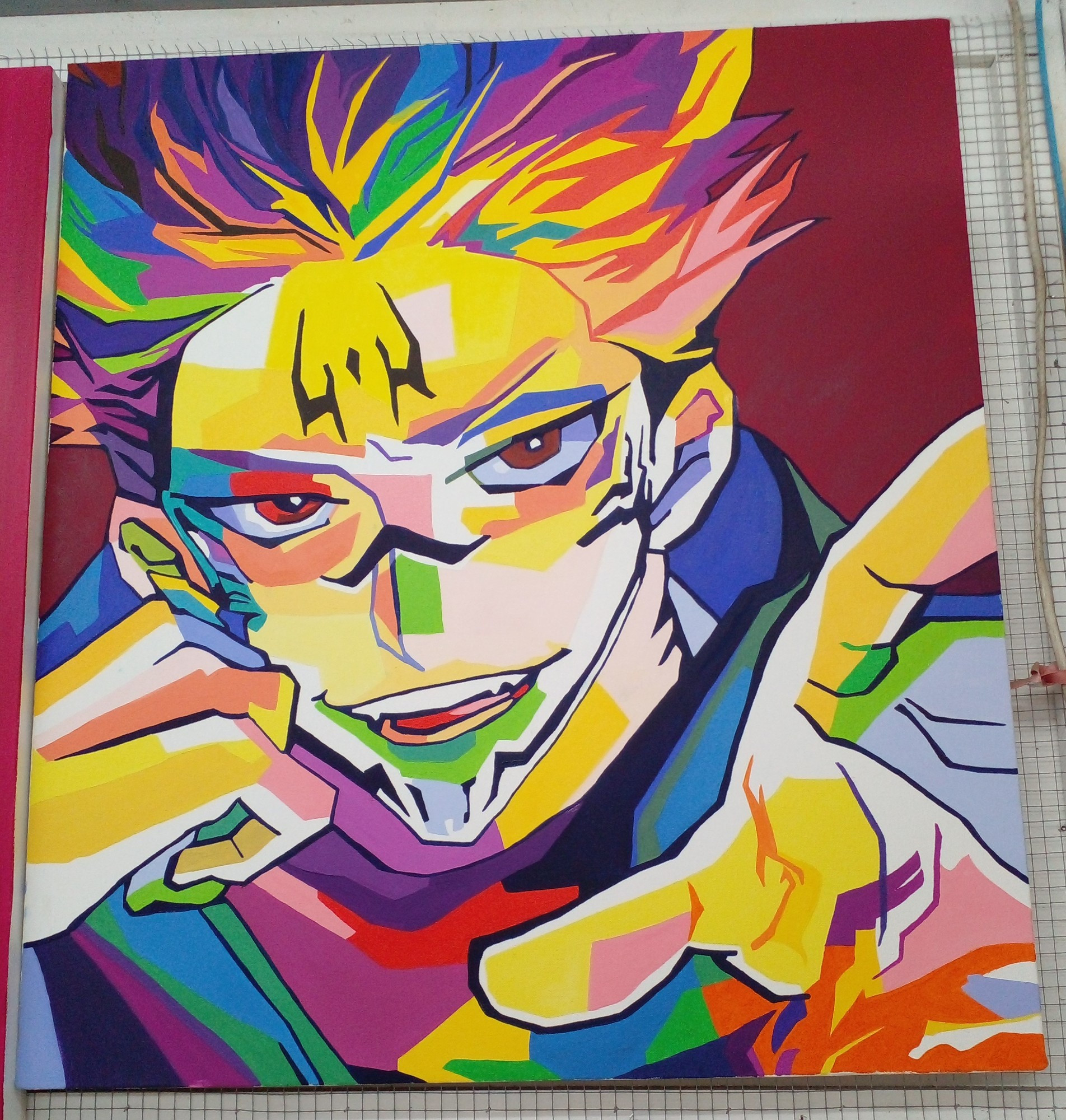 a painting of a character in a manga style, its body a kaleidoscope of colors, he reaches his hand out to the viewer, burgundy background, symbols on the character's face, resting his cheek on his knuckles of his right hand, his hair flying wildly, a calm but ominous look in his eyes