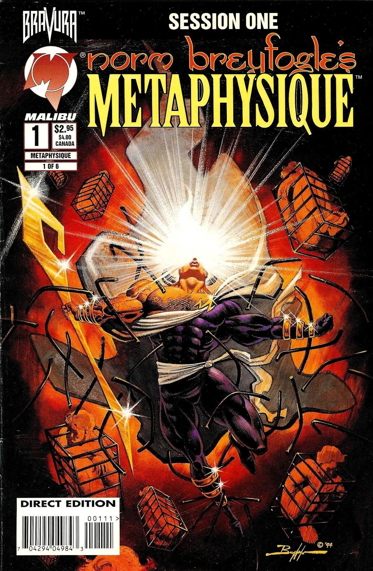 a cover of a comic book, in the top left corner it has the 'bravura' and 'malibu' comics logos, at the top of the comic in the center it says 'sessions one' and underneath in red 'norm breyfogle's' and underneath in gold it says 'metaphysique', underneath is a man with his arms outstretched, wearing a tight dark purple tight suit, breaking through a baby crib that was a cage, around him are babies in the crib-cages, the man is heavily muscled, he holds a giant golden spear with a big angular tip on it, he looks up in the air, energy blasting from his eyes