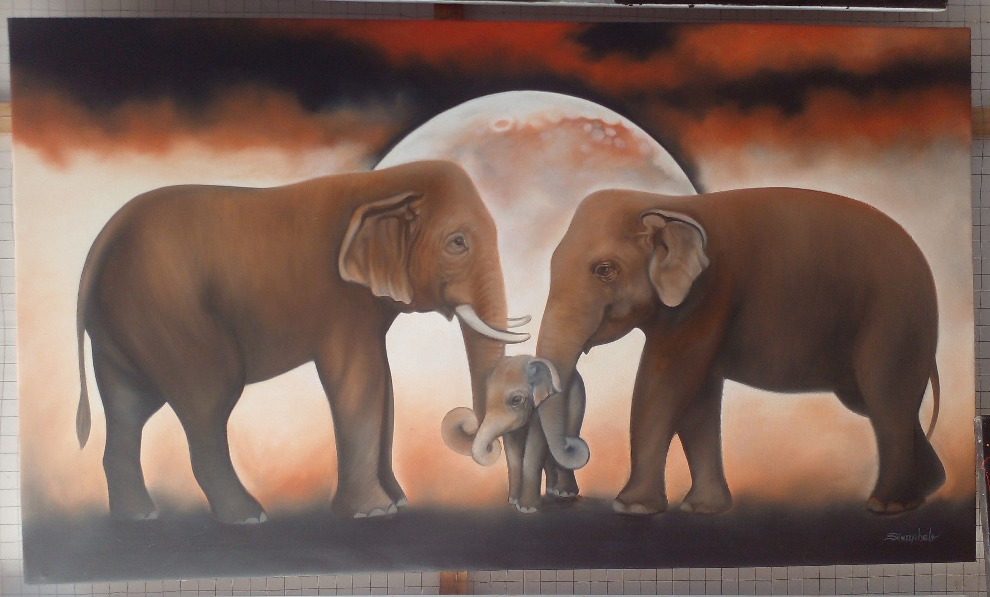 a painting of two elephant parents, facing each other, a moon behind them, they are caressing their baby between them with their trunks