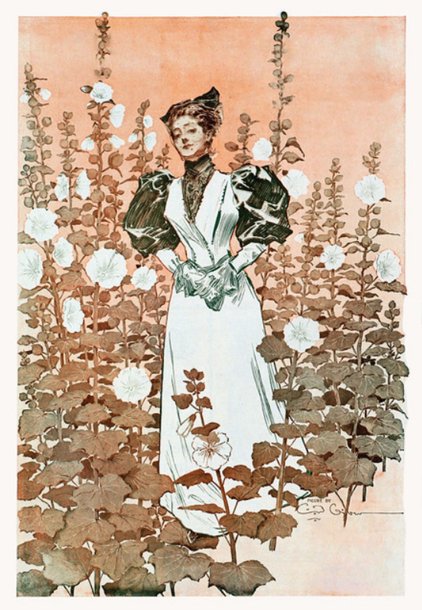 a painting of a woman wearing a fine dress, large puffy shoulders, walking through a field of poppies, looking at the viewer  