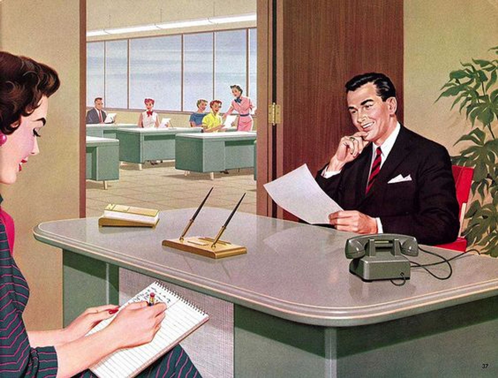 an illustration of an office, a man at a desk with a piece of paper in his hand, people at desks in the background, a secretary writing down notes in the foreground, everything very mid-century, the style of everything