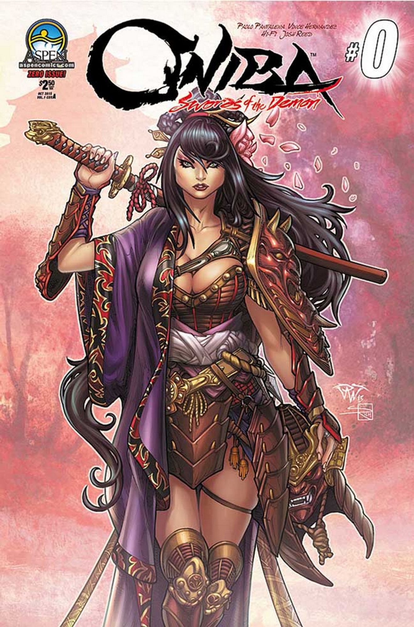 a comic book cover, the aspen comics logo in the upper left cornet, it says in black ink lettering 'oniba' and smaller letters in red under it 'swords of the demon', a white number zero in the upper right hand corner, the illustration is of oniba, she is holding her sword in her right hand, resting it on her shoulder, wearing a robe and armor in sections, she has long hair, the background is pink , falling pink petals