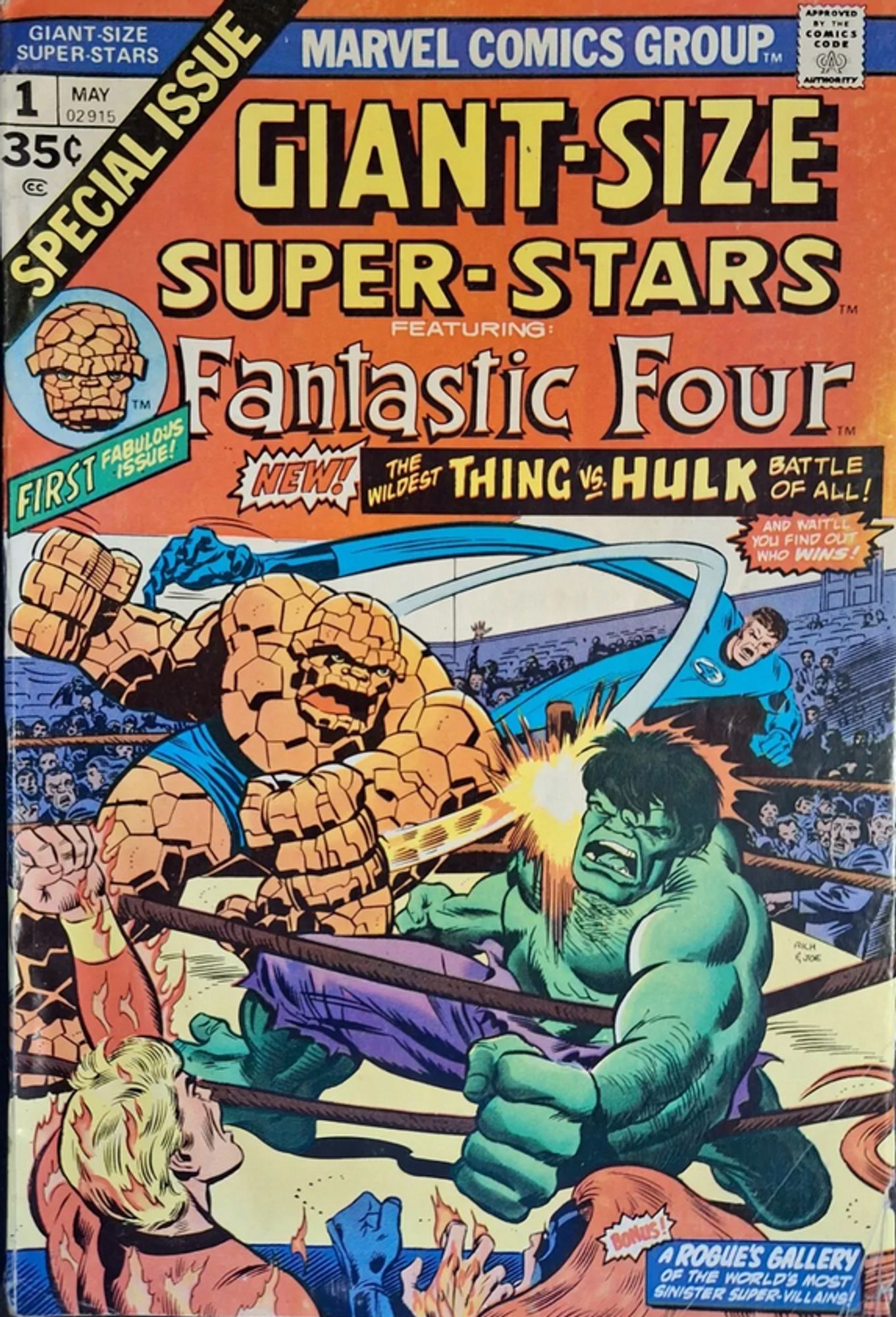 the cover of a comic book, in a pro wrestling ring, hulk and the thing of the fantastic four are clobbering each other, the other fantastic four members and medusa of the inhumans watching, the crowd in the arena cheering