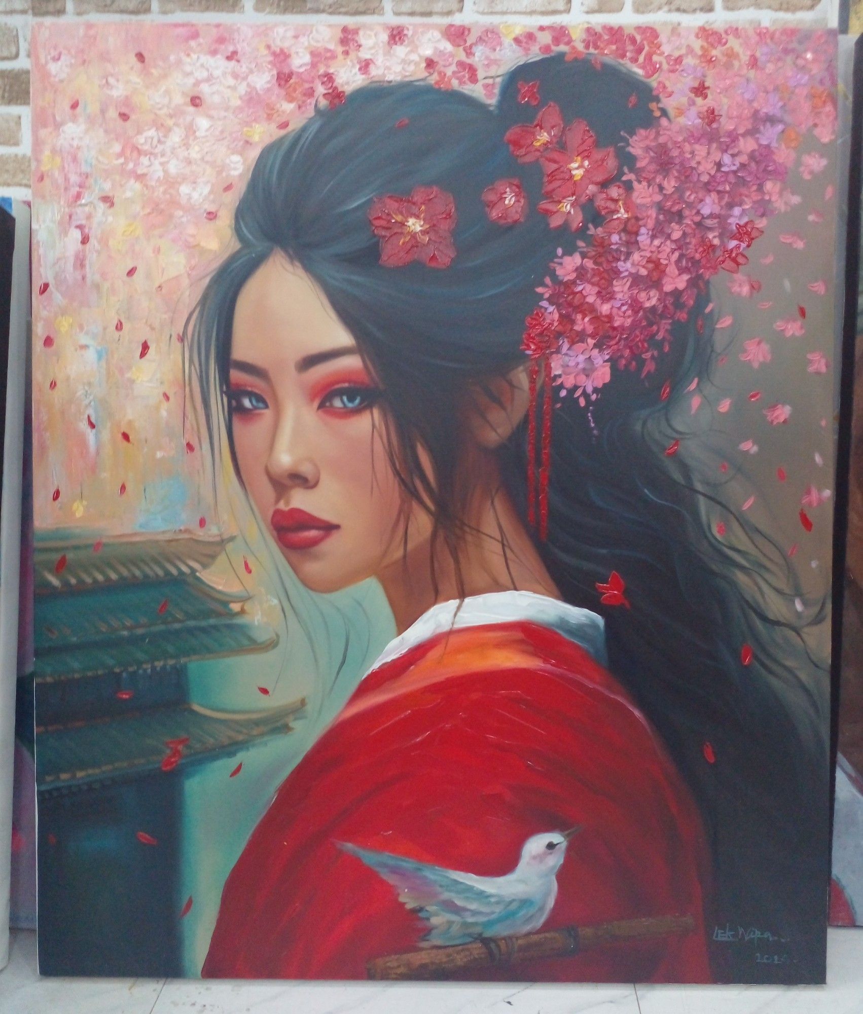 a painting of a woman in a red kimono, seen from her chest up from the side, her hair tied back, a white bird in front of her, a section of a large eastern asian building behind her, pink blossoms from a branch encircling her head , she is looking at the viewer