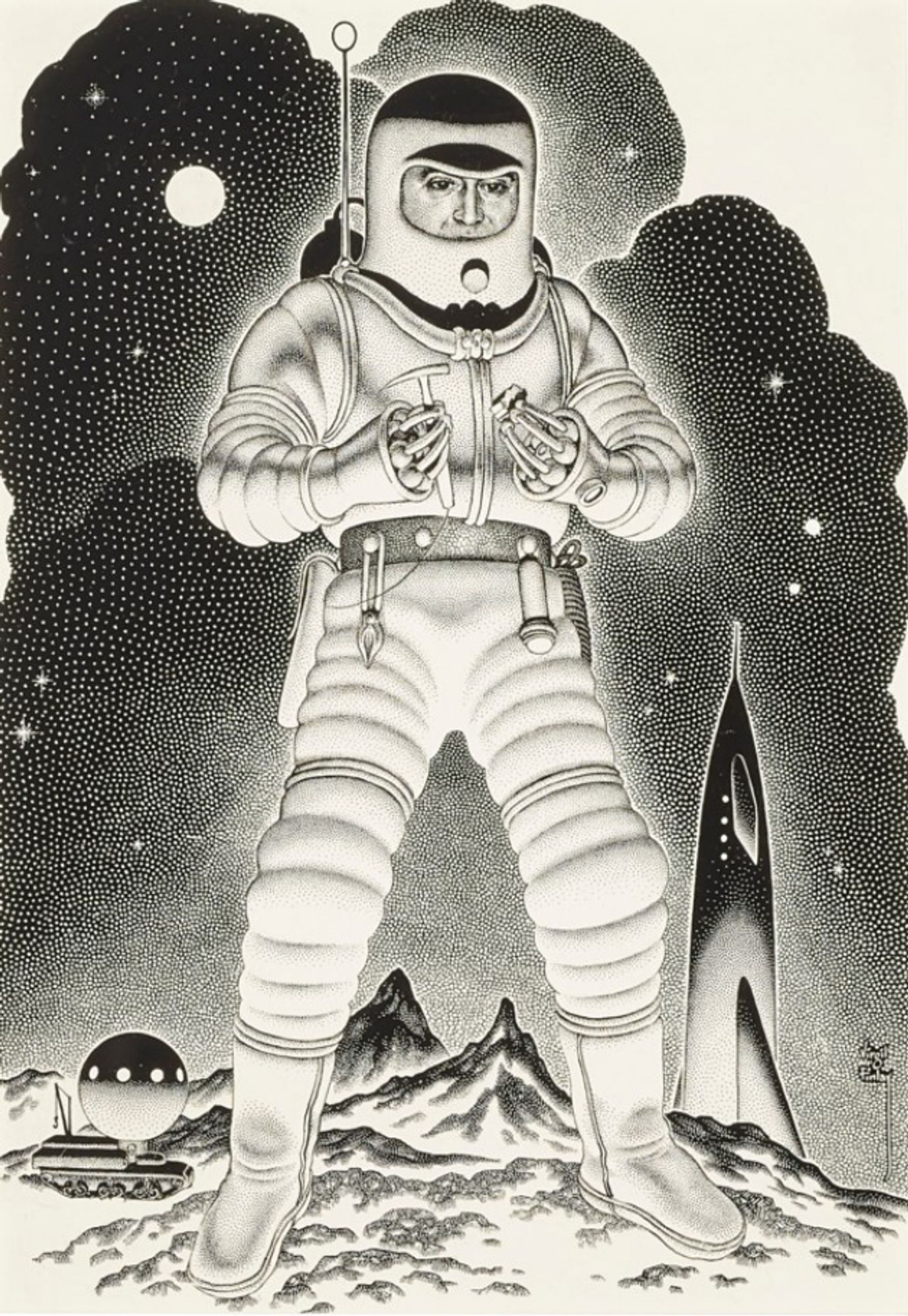 a man in a space suit, a black and white stippled illustration, his suit bright white against a dark background, he is looking at something found on the planet he is doing a space walk on, his rocket ship in the background