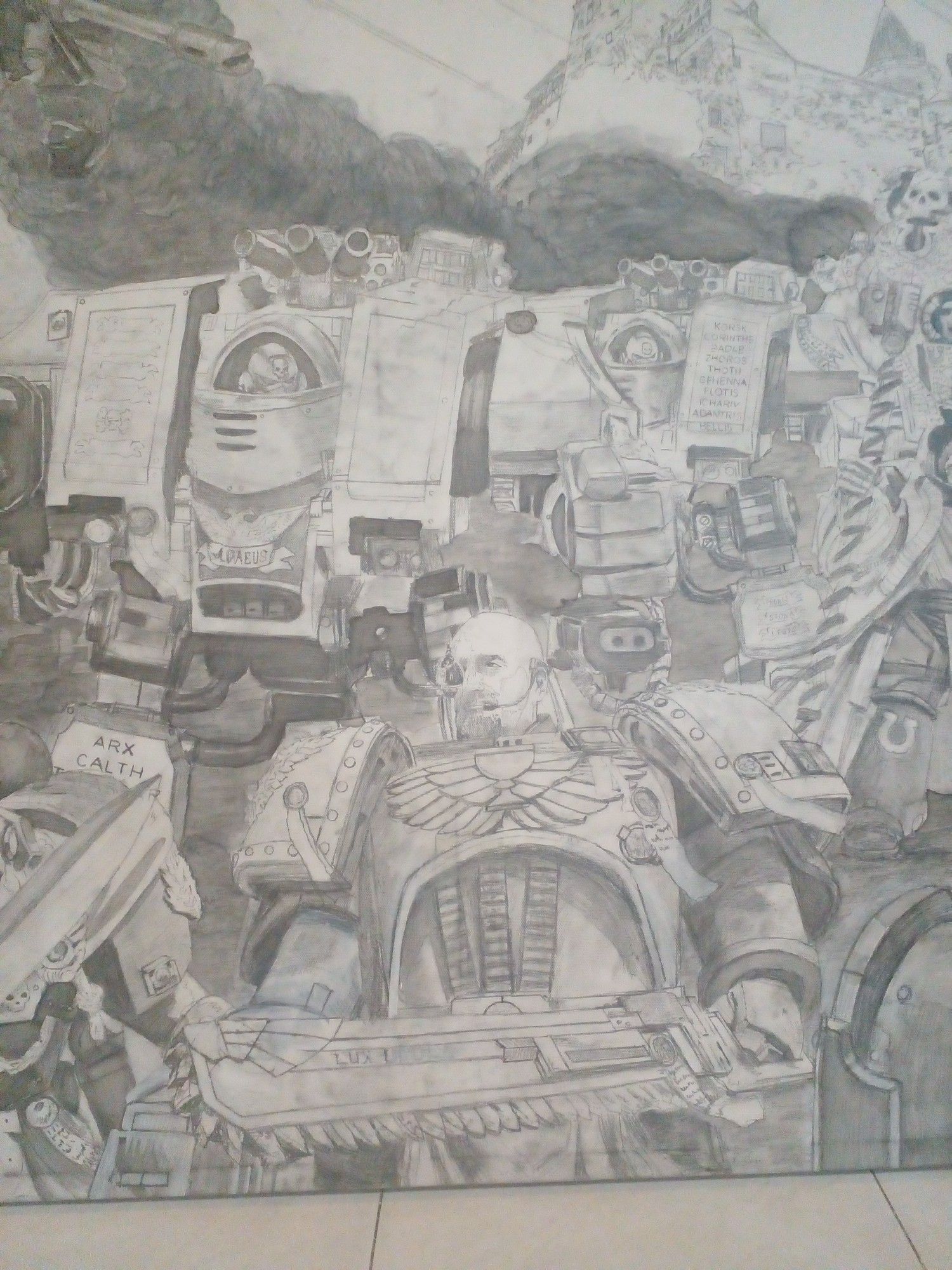 a close-up of the bottom center of the painting, armored figures with walker vehicles behind them