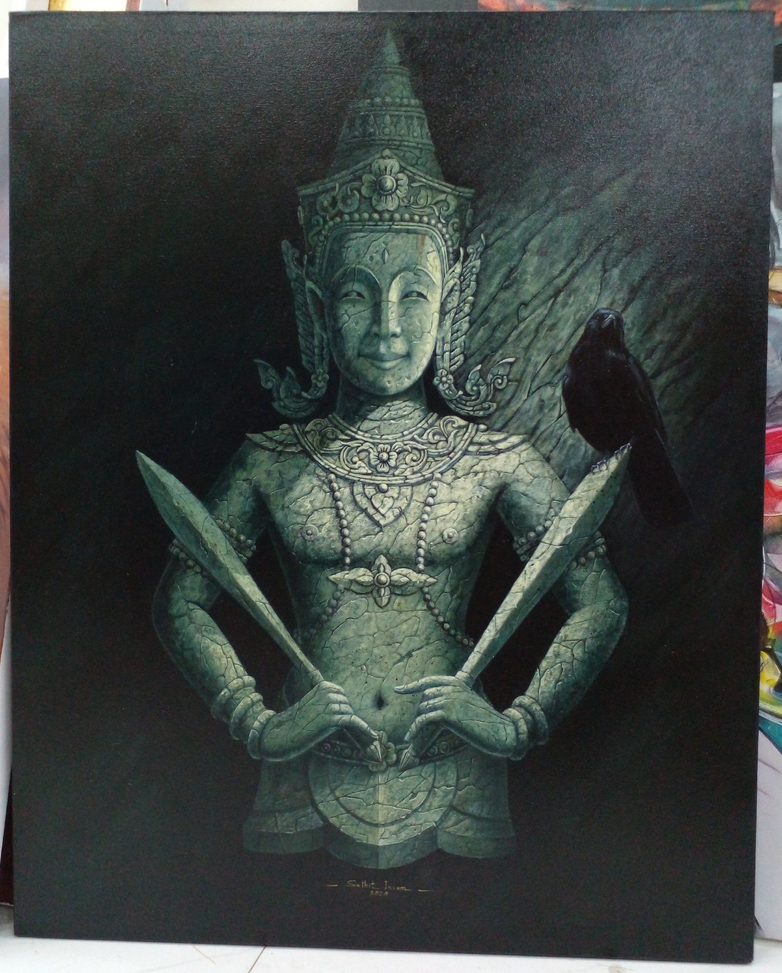 a painting, a dark background,  a cultural mythical thai figure in a crown, holding blades in each hand, very realistic looking