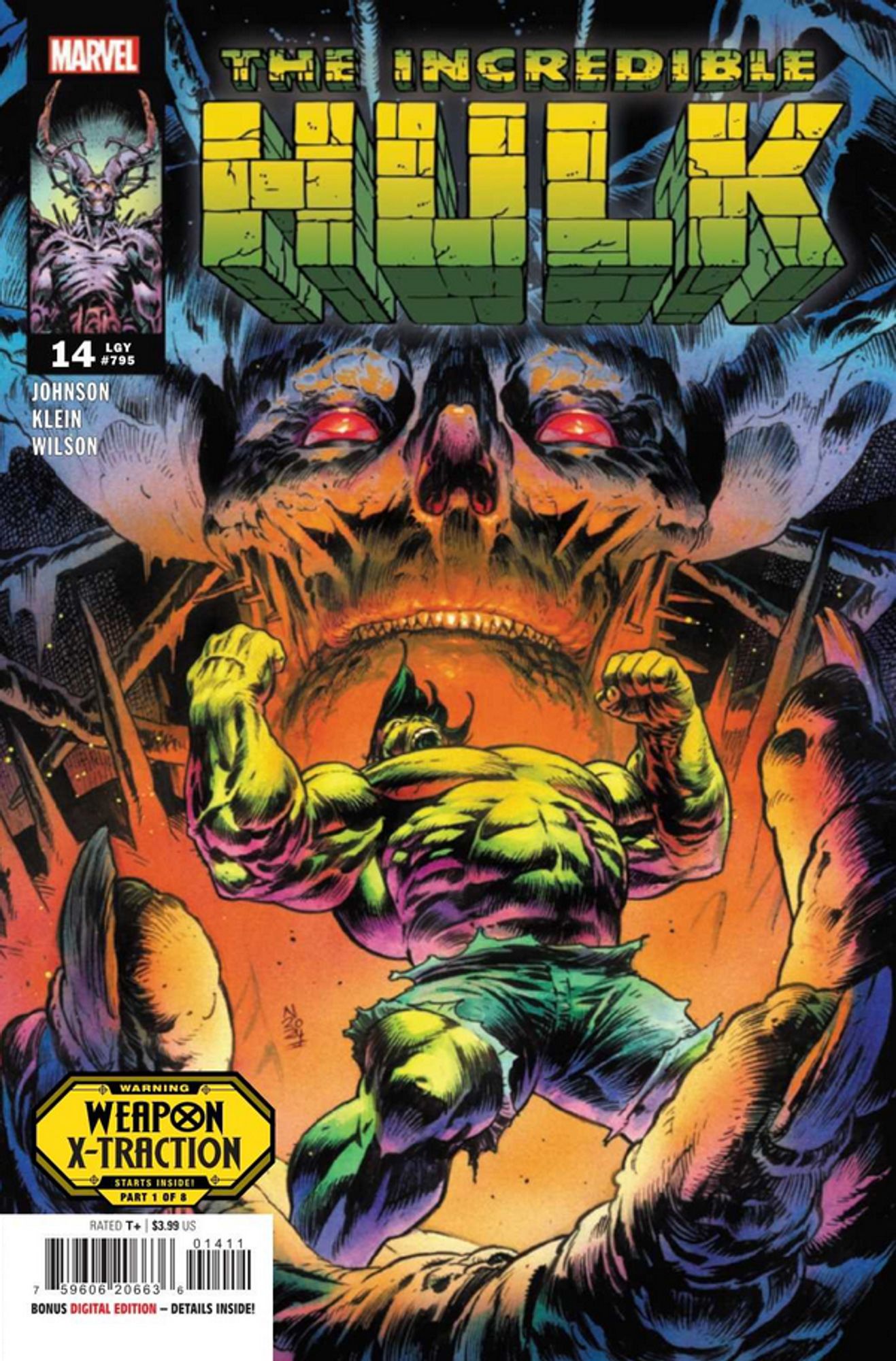 a cover of a comic book, at the top in large block letters it reads 'the incredible hulk' the illustration is of a skull-faced and horned villain with red eyes holding the incredible hulk in his clawed hand, hulk is screaming, his arms  stretched outwards, the marvel comics logo is in the upper left corner