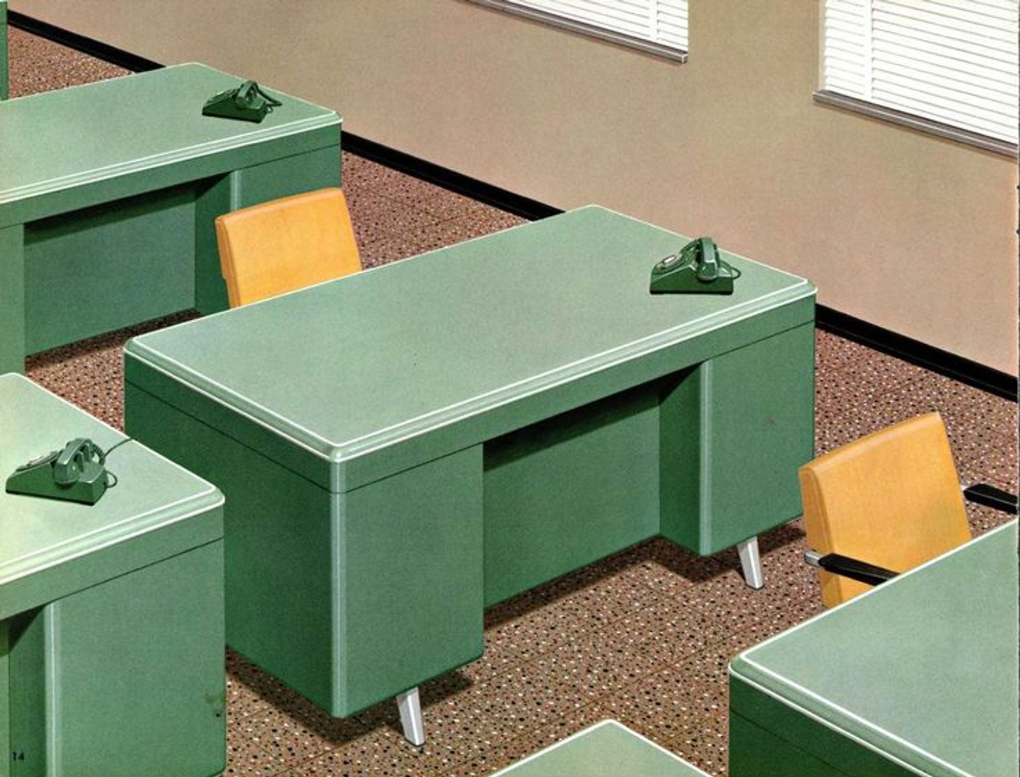 an illustration of several green metal desks in rows, next to windows with blinds, really clean and industrial looking , a green phone on each desk , a aples yellow chair under each desk