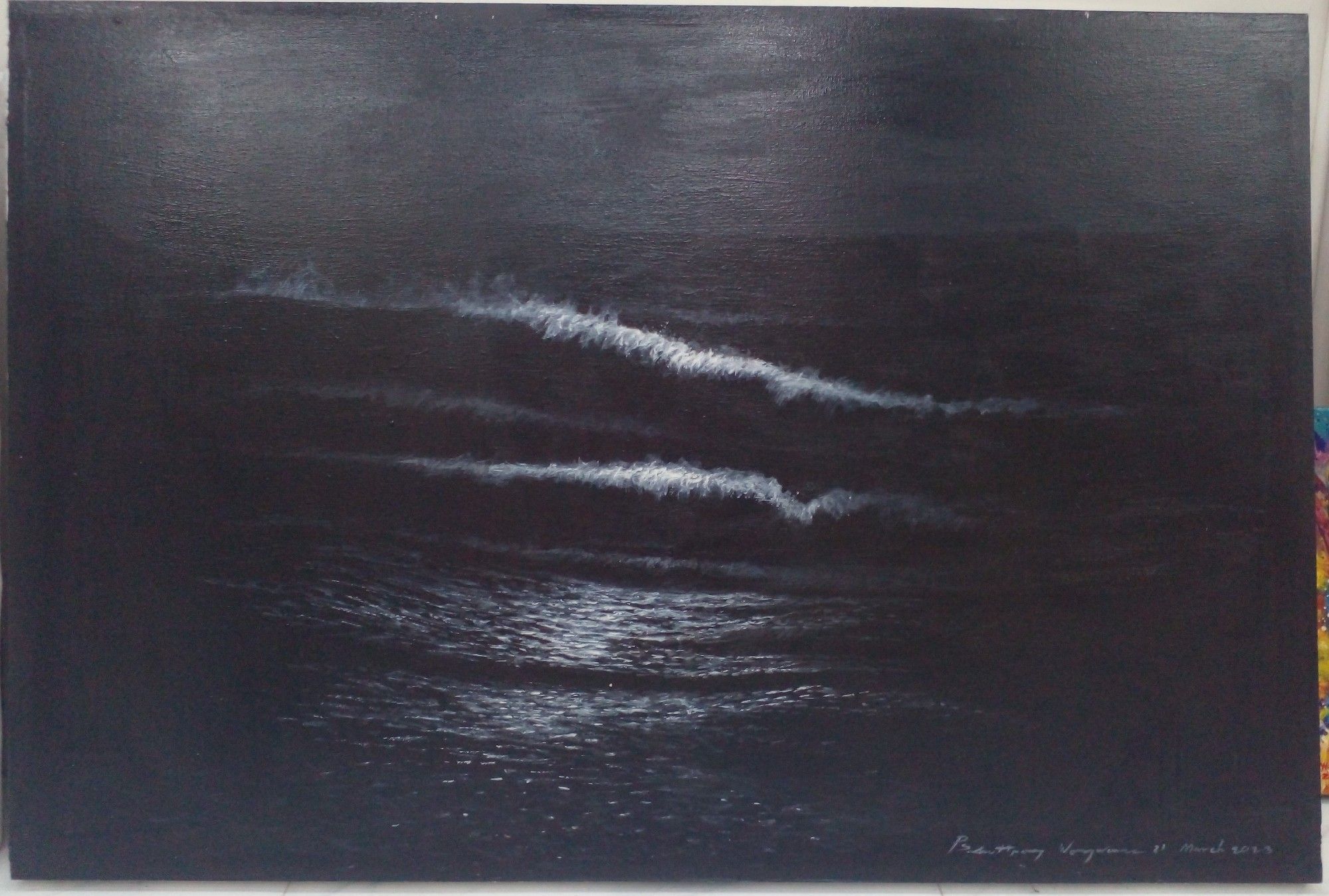 a painting of the beach at night, done in black and white, the waves facing the viewer, moonlight on the swirling waters in the foreground, waves crashing in