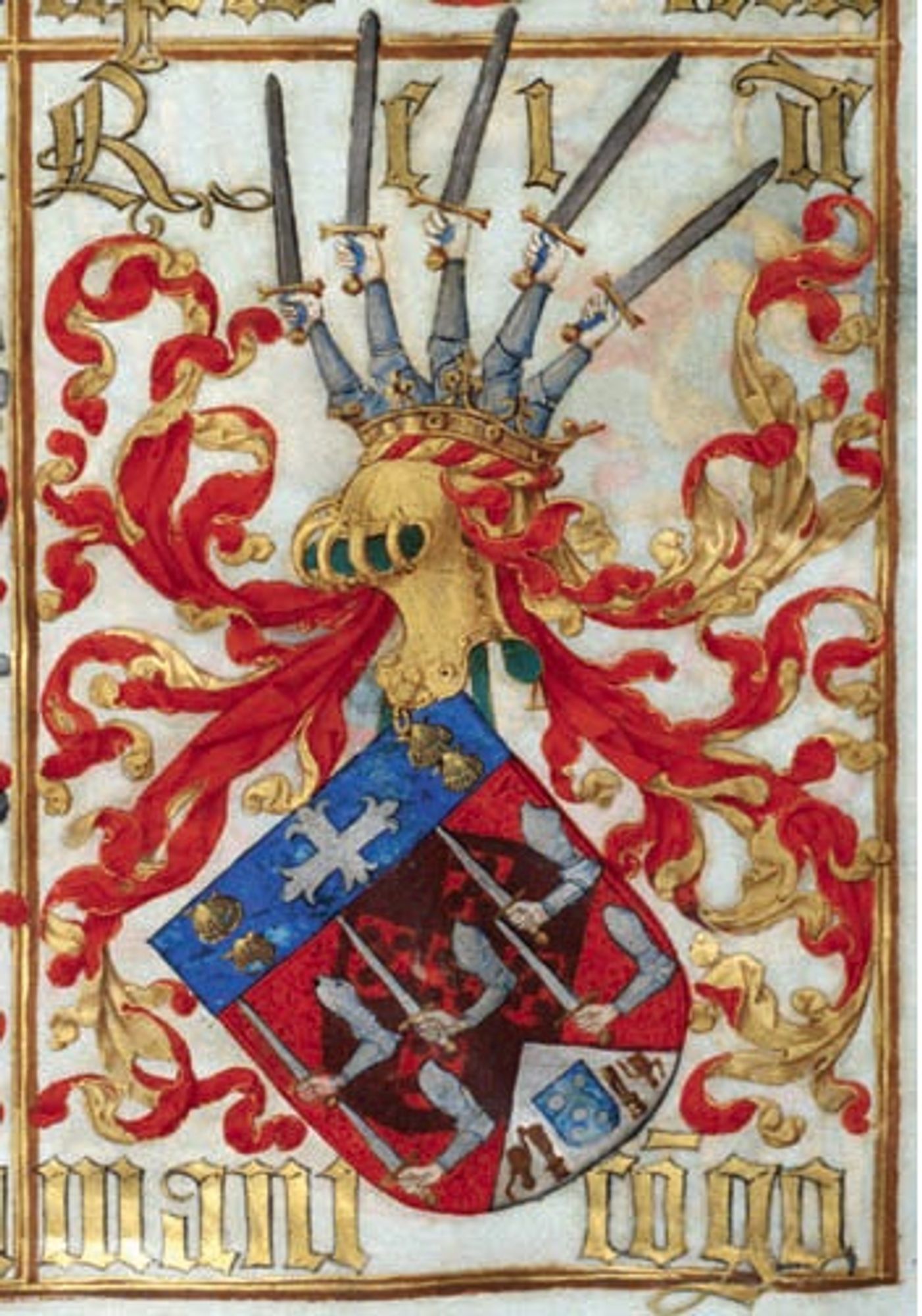 a coat of arms, in the center is a golden knight helmet, facing the left, banners of red and gold coming off of it like an octopus, a shield diagonally under the helmet with armored arms holding swords, at the bottom in gold old-fashioned large european lettering it reads the name of the kingdom, from the to p of the knight's helmet are 4 armored arms holding swords in a row