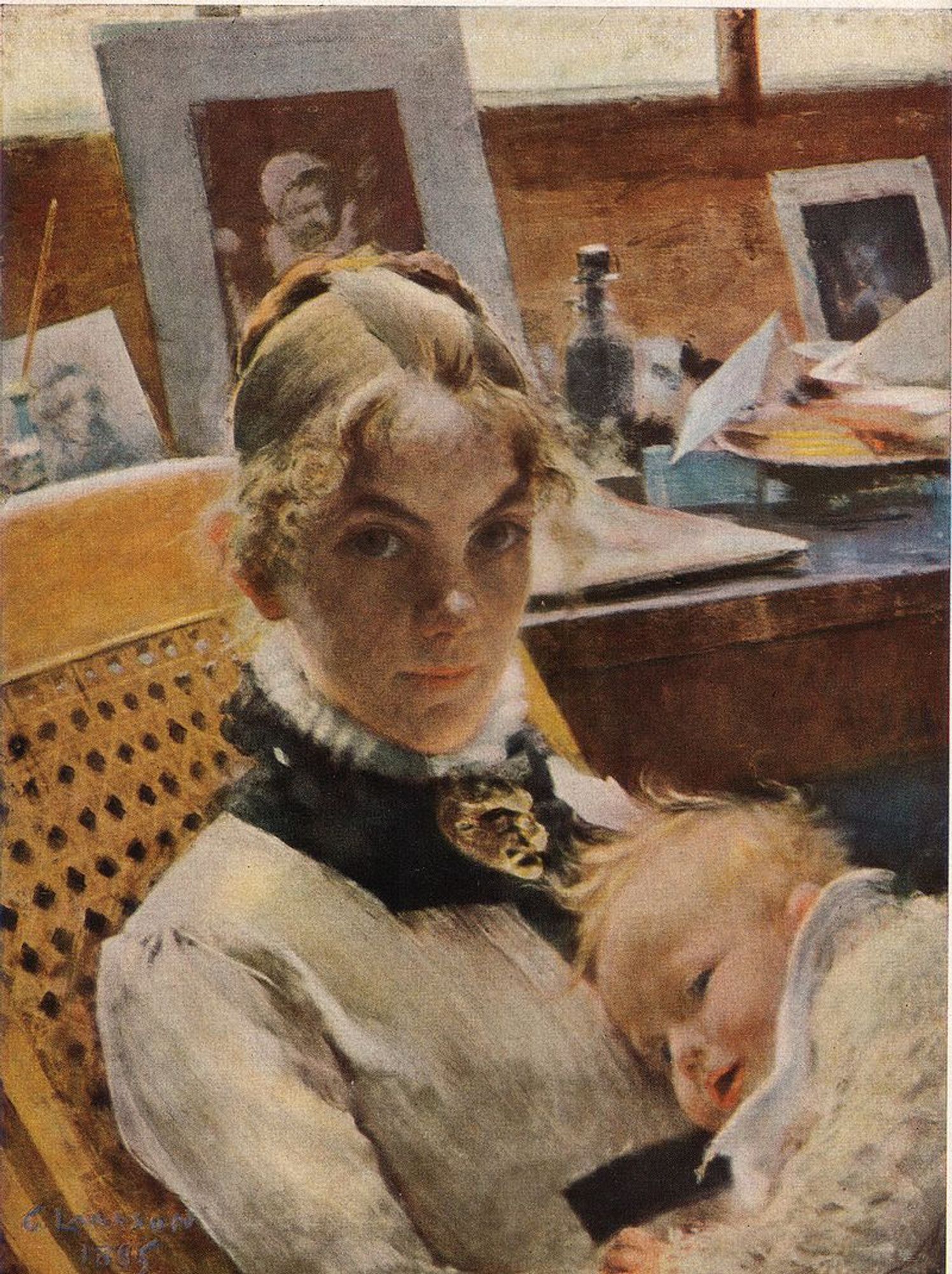 a painting of a woman, her hair tied up,  looking at the viewer, wearing a high-collared fancy dress shirt of the time period, holding her baby, there is a desk with photos and papers and a bottle behind her