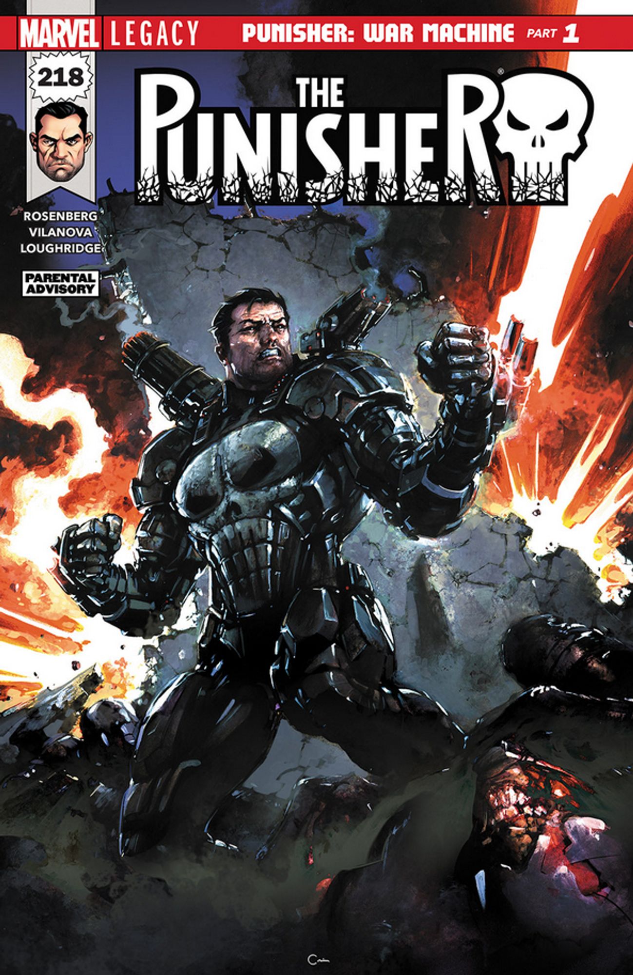 the illustration with text added, the marvel comics logo in the upper left, it reads 'the punisher' in white text in the top center