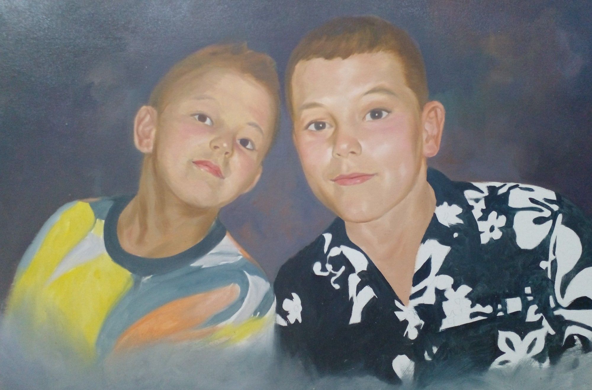 a painting, it is of two young brothers, one about eight, the older one about 11, they are leaning their heads together, a charcoal-rust washed out tones for background, they are wearing loud colorful print shirts