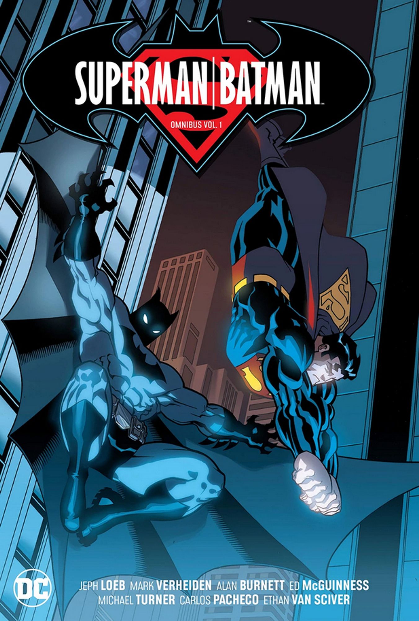 a cover of a comic book collected edition, at the top it says 'superman / batman', the superman logo inside the batman logo, batman and superman are both descending a building, batman jumping, superman flying, straight downward, at night time