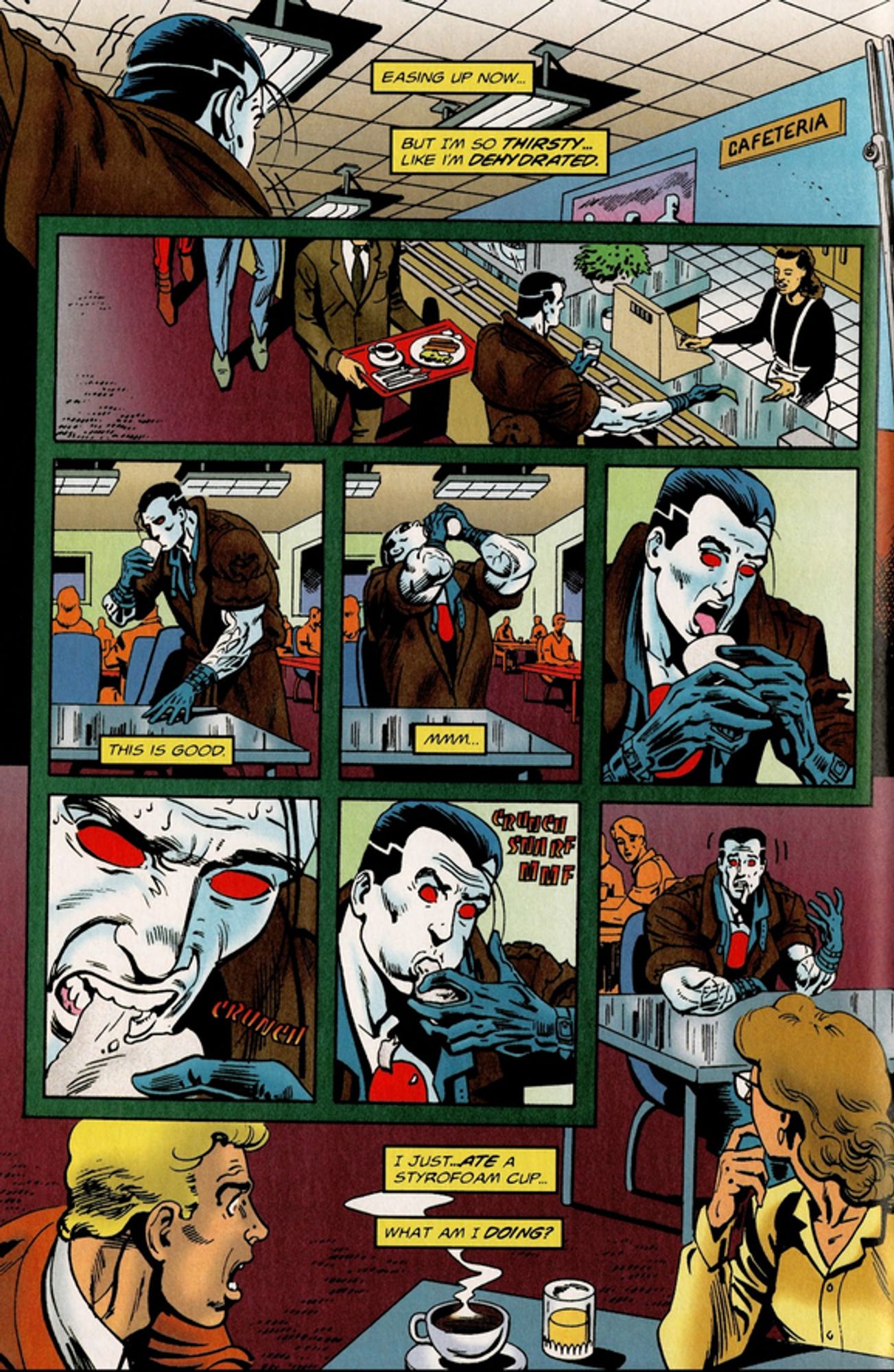 a page from a comic book, bloodshot eating food in an awkward way in a food court, other people watching him , confused