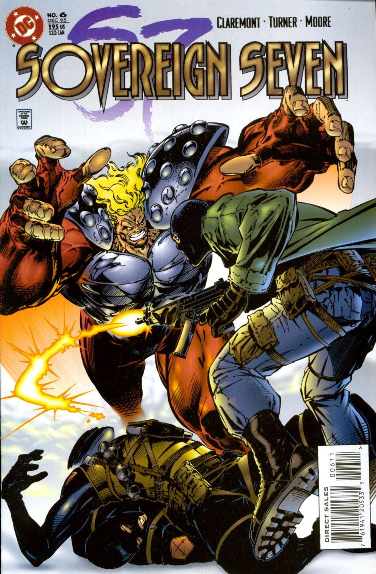 the cover of the comic book, a giant heavily-muscled man charging a terrorist , the golden lettering at the top, the dc comics logo in the upper left corner