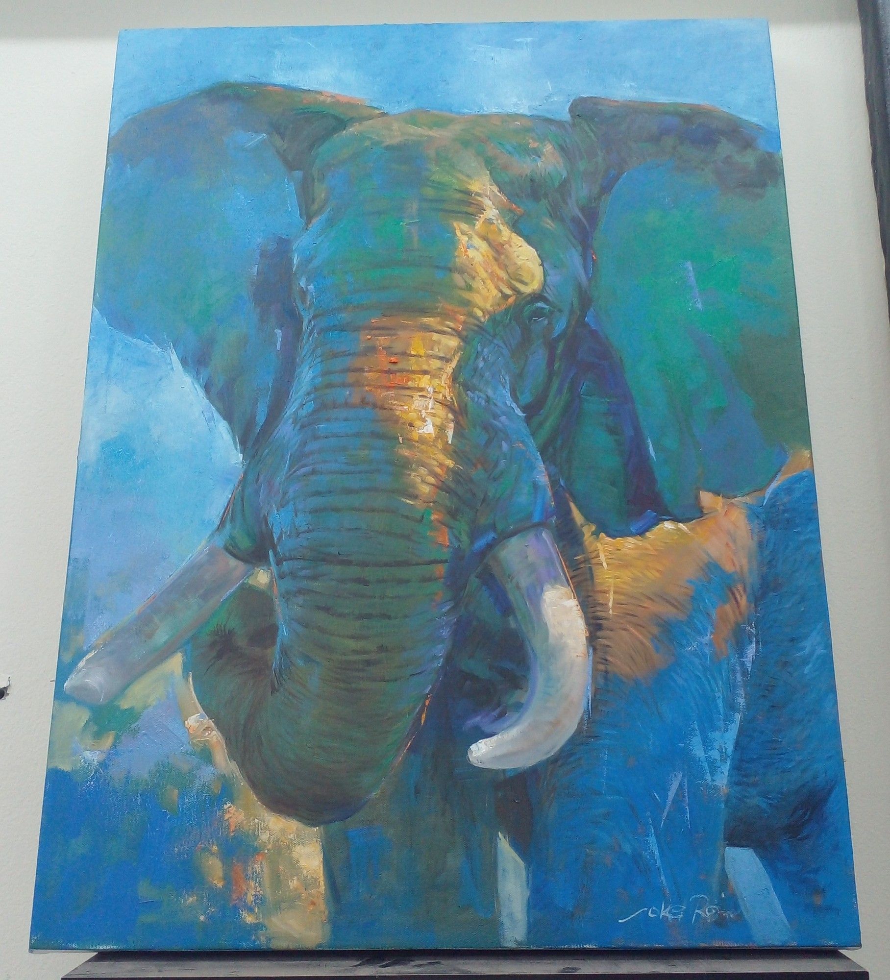 a  painting of an elephant, done in a realist impressionist style, tinted blue with golden sunlight reflecting on his head and body