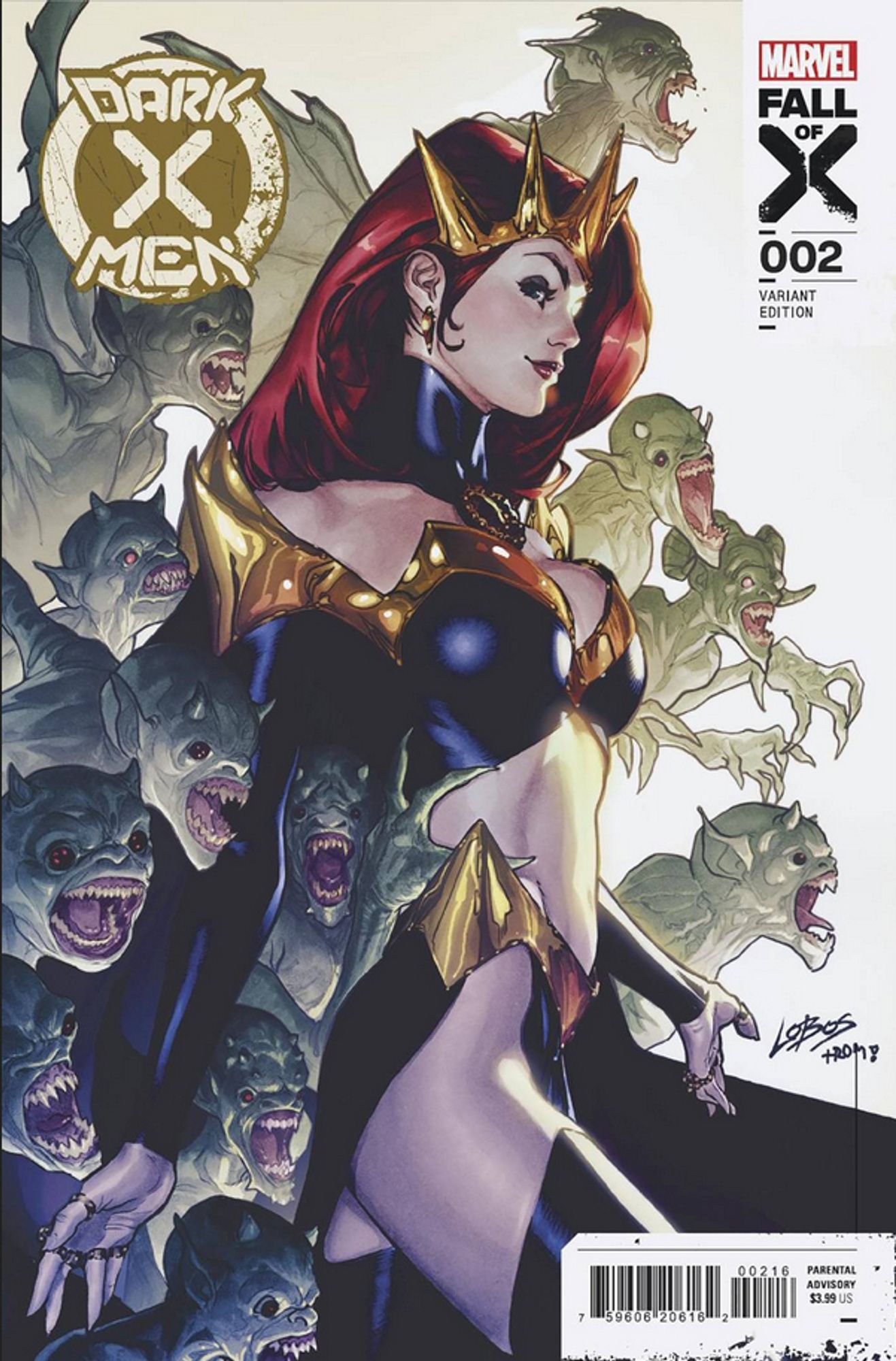 an illustration of a red-haired female, seen from the side, she is wearing a spiked golden crown, she has lots of goblins behind her, her outfit is a black and gold top and bottom, in the upper left corner it reads 'dark x-men', in the upper right there is the marvel comics logo with 'fall of x' in black text under it