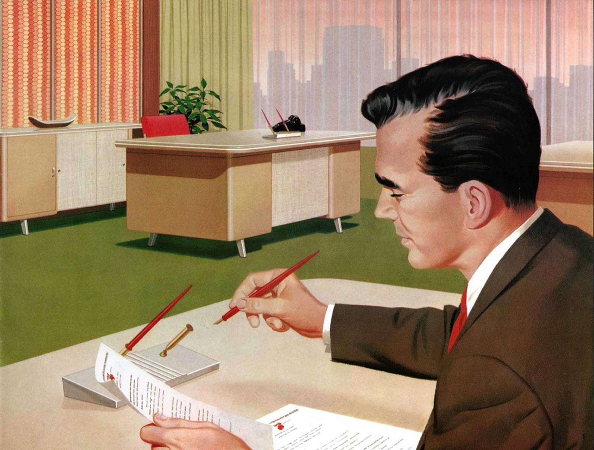 an illustration of the man at his desk, seen from the side, taking out a red pen and ready to sign a document, another desk in the background and a window showing a city skyline with a light pink sky