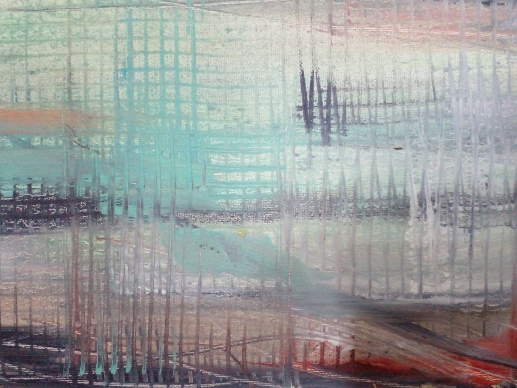 a close-up of a section of the painting ; tones of paint and then criss-crossing lines over it