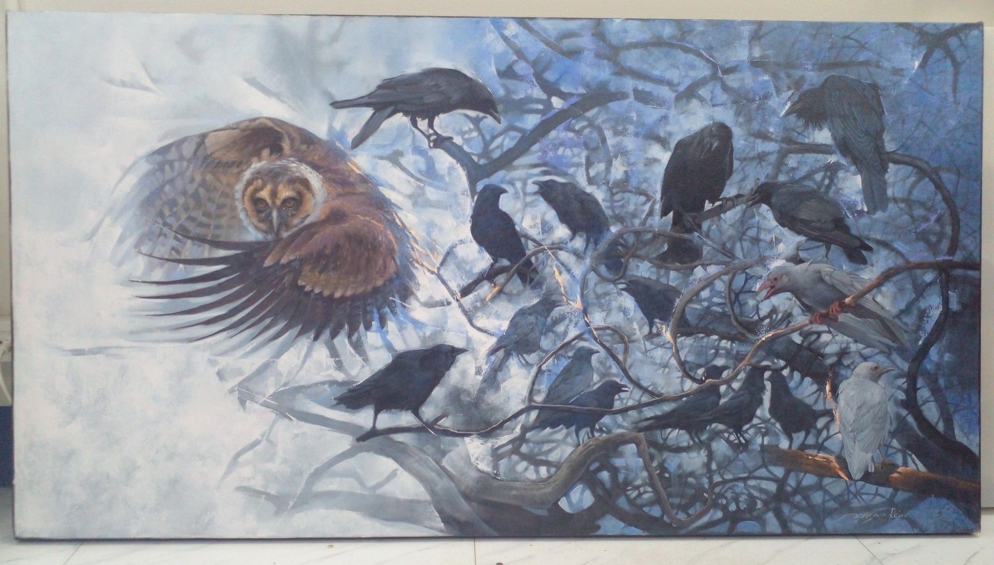 a painting of birds, an owl flying through on the left through  fog, on the right side is a tree , leafless branches, in the tree black and some grey ravens or crows in a tree, the owls wings are open, it is looking at the viewer, swooping through