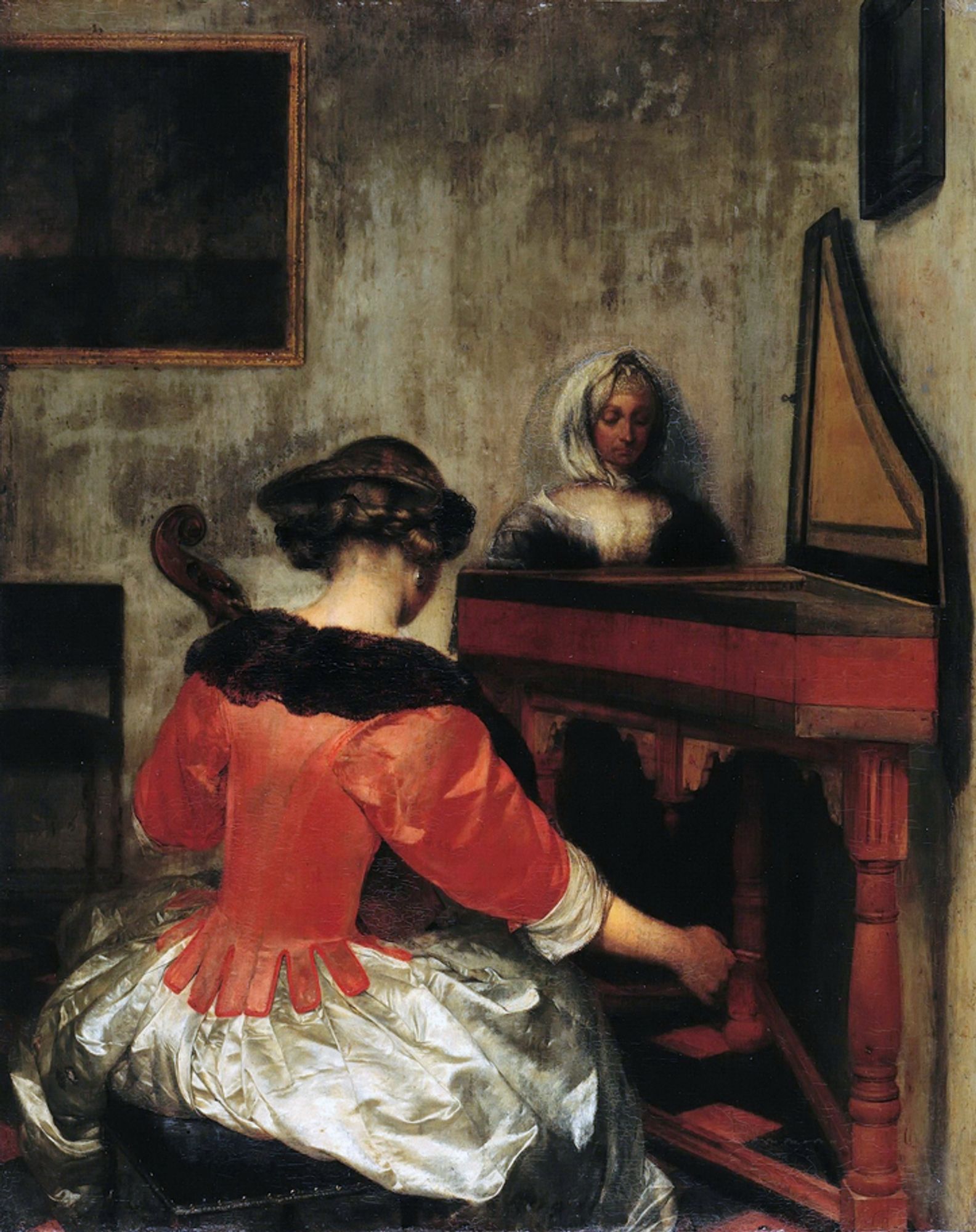 a painting, it is of a young woman seen from behind, playing a large stringed instrument inside a nice interior of a manor, a woman with a veil on her head in the corner , standing quietly listening