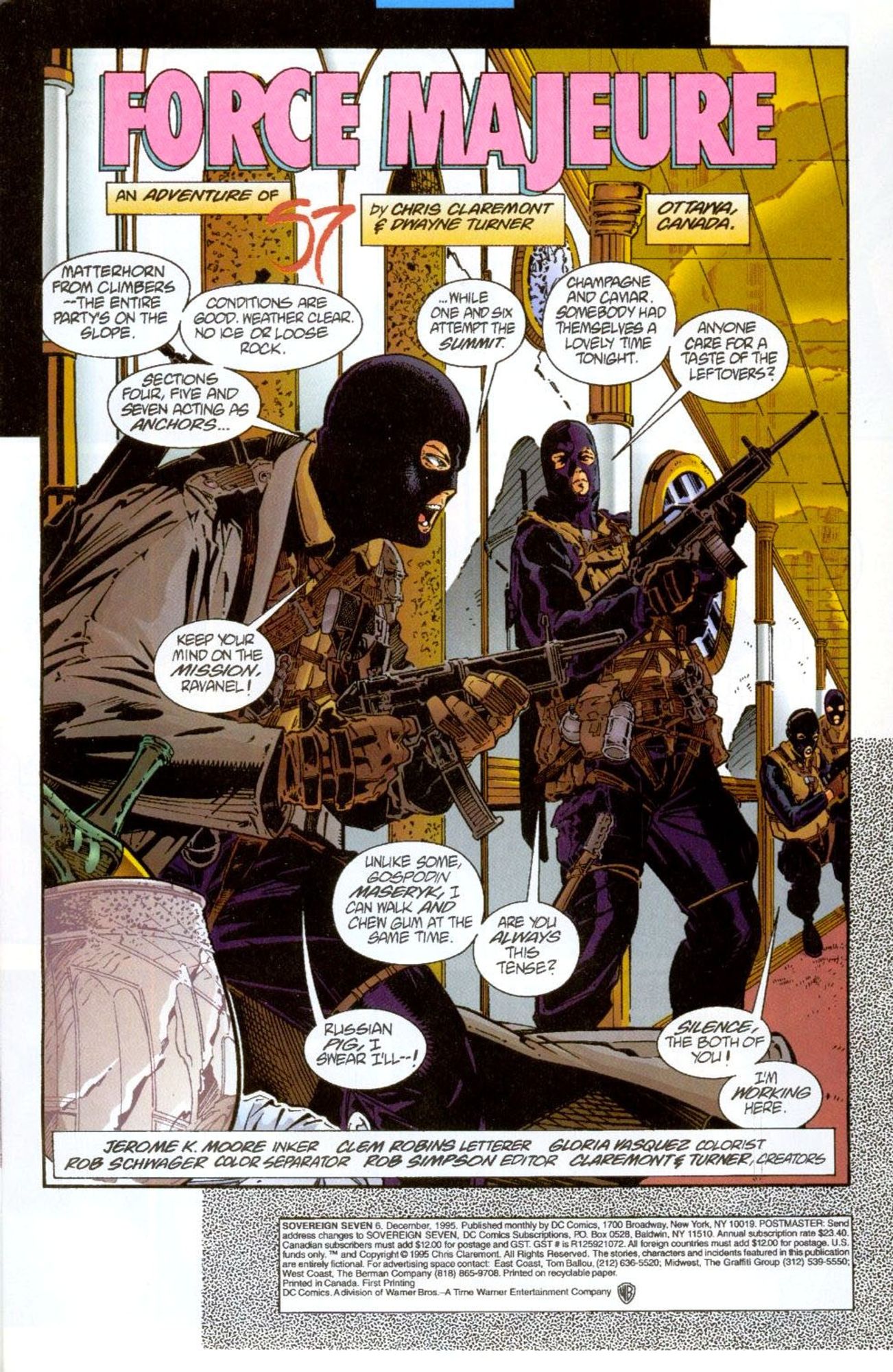 the interior credit and title page, it says 'force majure' in large pink letters at the top, the full-page illustration is of terrorists , masked with weapons, taking control of a building