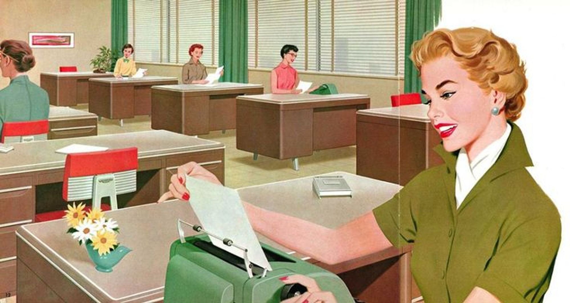 an illustration of a room of women sitting at desks, all wearing dresses in the style of 1960, the curtains open, theyre green, a woman in the foreground is smiling, pulling a white piece of paper from a green typewriter