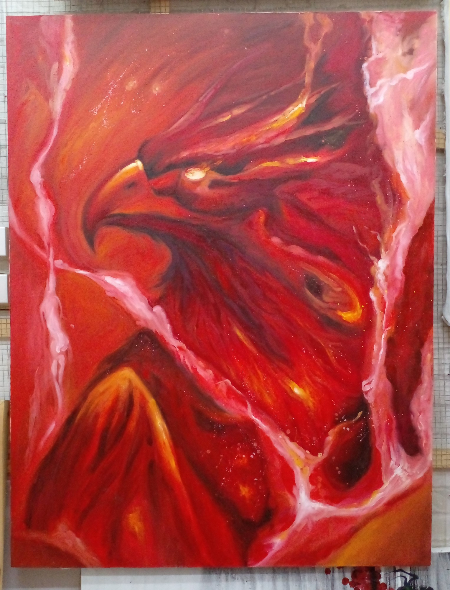 a painting of a phoenix firebird, turned to the left, smoke and flame smoldering from its eye, pink lightning around it, the bitd is red, the background red, very hellish and majestic