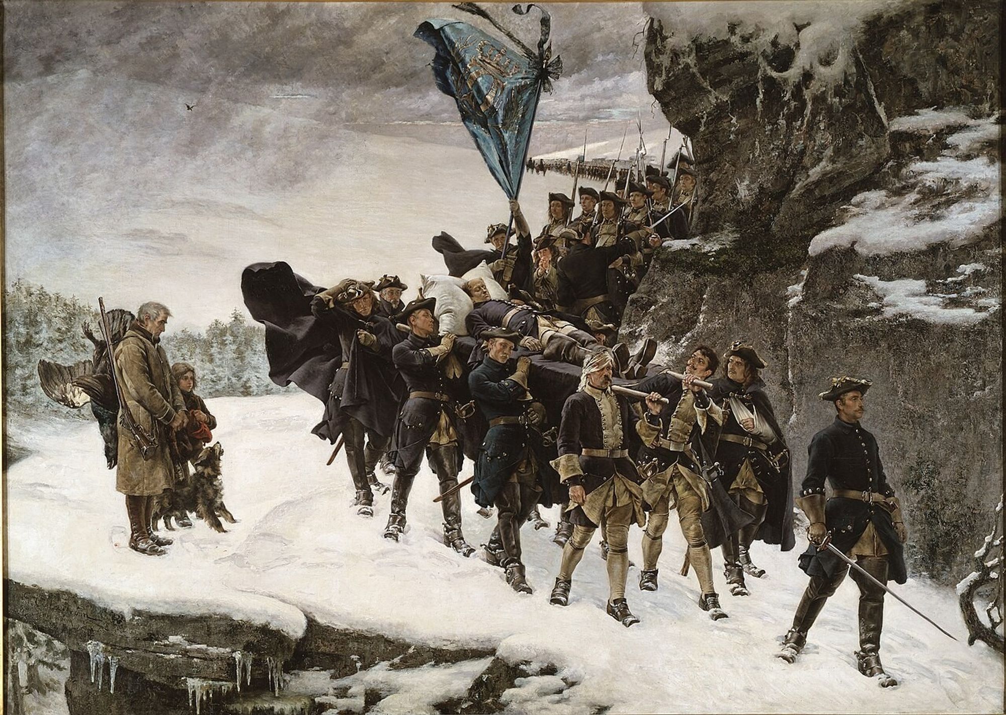 a painting, it is of men in soldier's uniforms, bandages on the men, walking through snow, on their shoulders is the king's dead body, being carried on a stretcher, a family stands by the path, bowing their heads to him, a flag is held up behind by men marching in the background