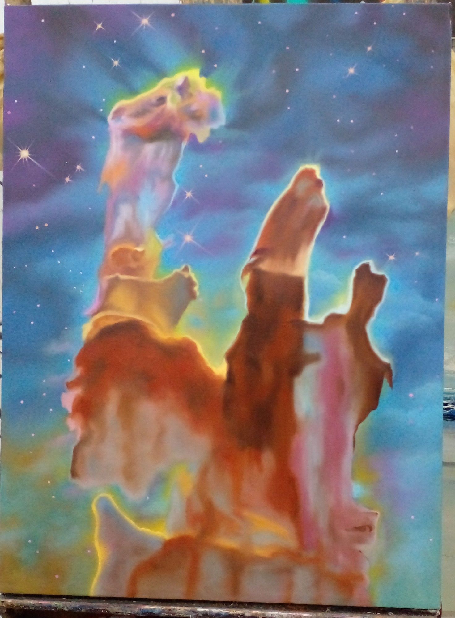 a painting , based on a photo taken by the hubble telescope, large shapeless forms rising up, galaxies and stars everywhere, lots of colors and tones