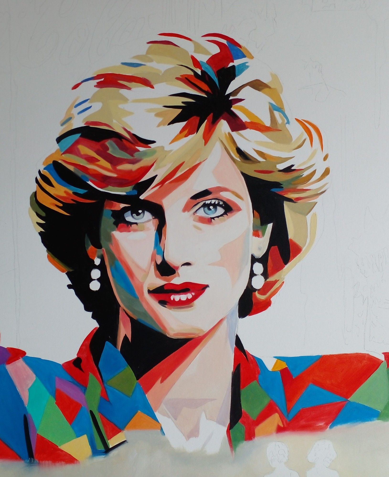 a painting of princess diana, seen from her chest up, she is facing the viewer, her  form is composed of different colored slivers of color, a white background