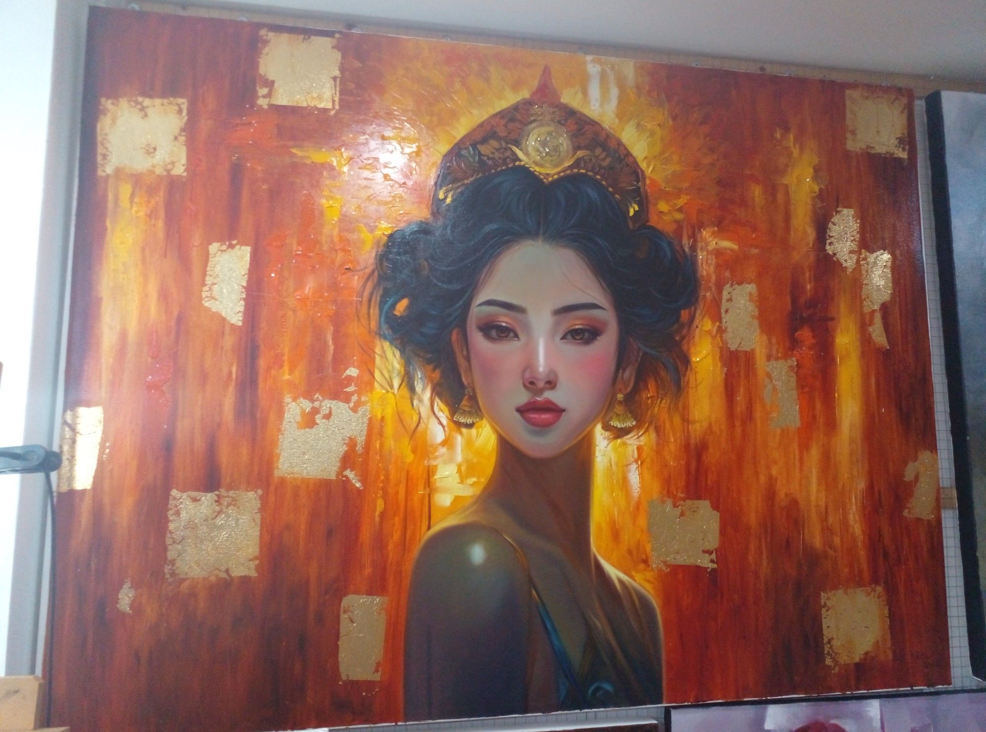 a painting of a woman seen from her chest up from the side, wearing a thin dress, looking at the viewer, wearing a glowing golden crown, her hair pinned up under it, the background is amber colored with large squares of gold leaf applied in different places