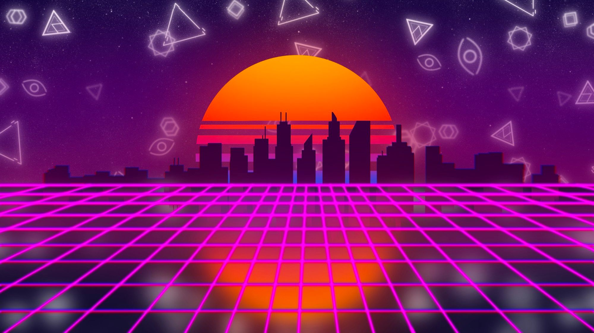 Paisaje con temática Vaporwave, un sol con una ciudad en el horizonte sobre un suelo reflectante y cuadriculado, todo con tonos rosas, morados, azules y naranjas