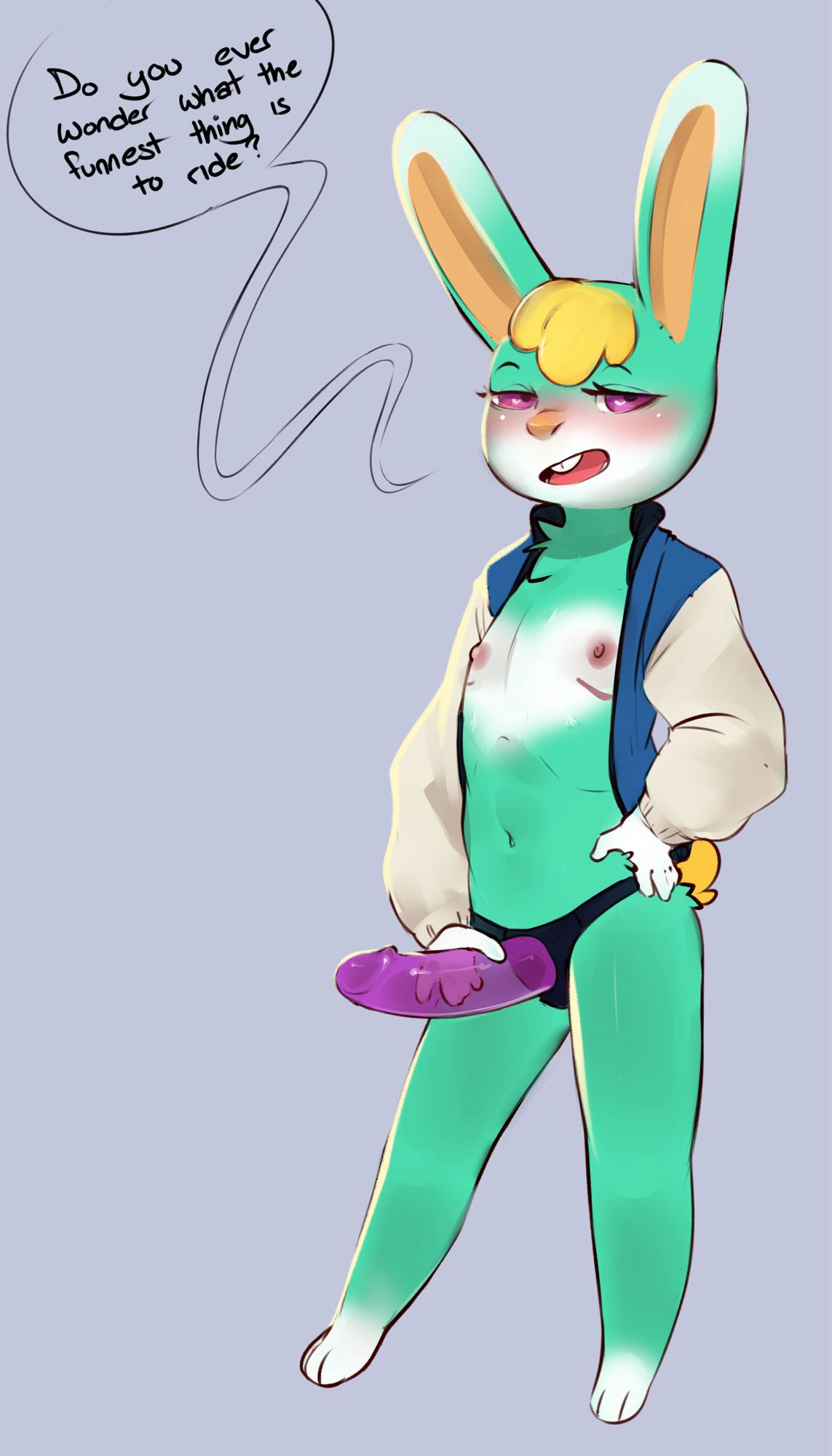 Sasha from animal crossing with his jacket open. He has top surgery scars and is wearing a large purple strap-on. He asks "do you ever wonder what the funnest thing to ride is?"